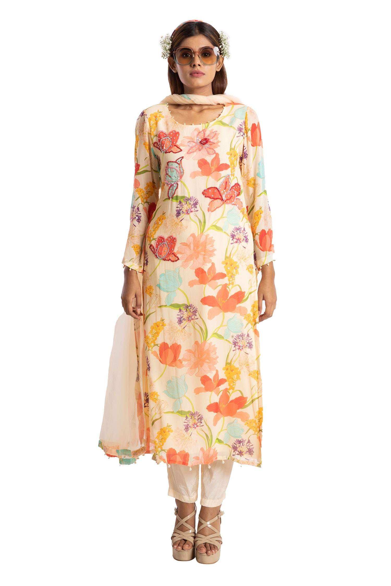 Buy Multi Color Georgette Printed Floral Motifs Round Kurta Set For ...