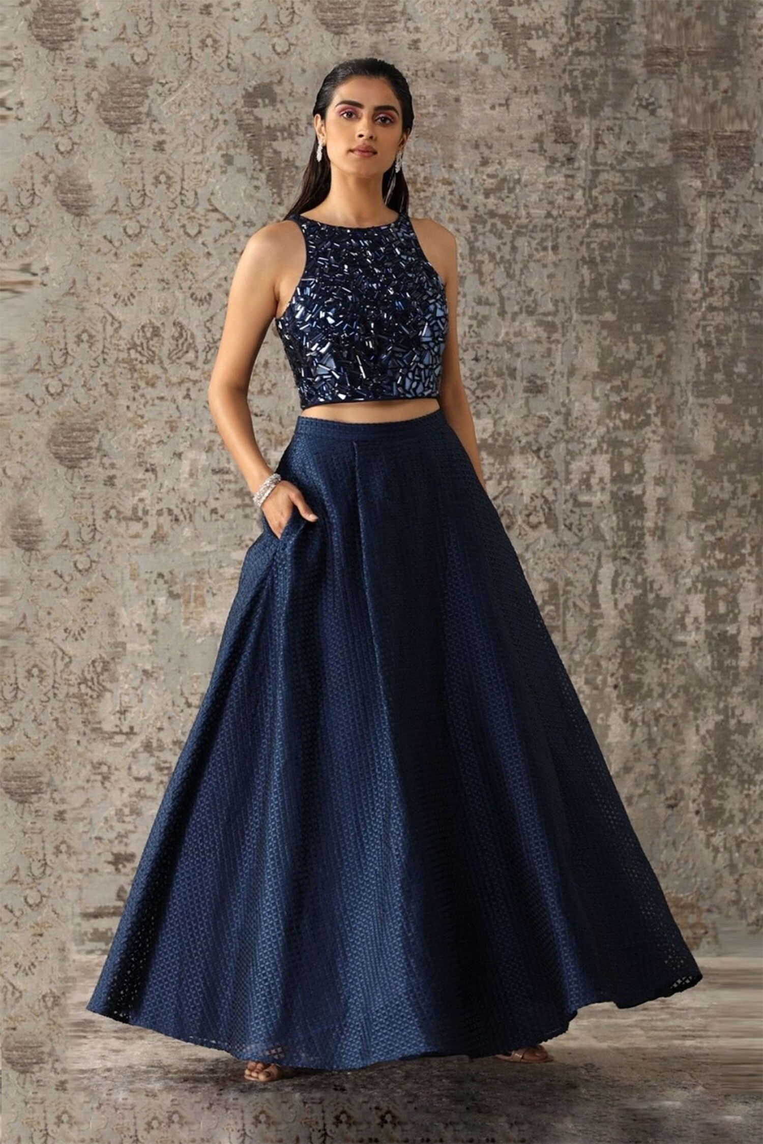 Buy Pankaj & Nidhi Blue Satin Embroidered Lehenga Set Online | Aza Fashions