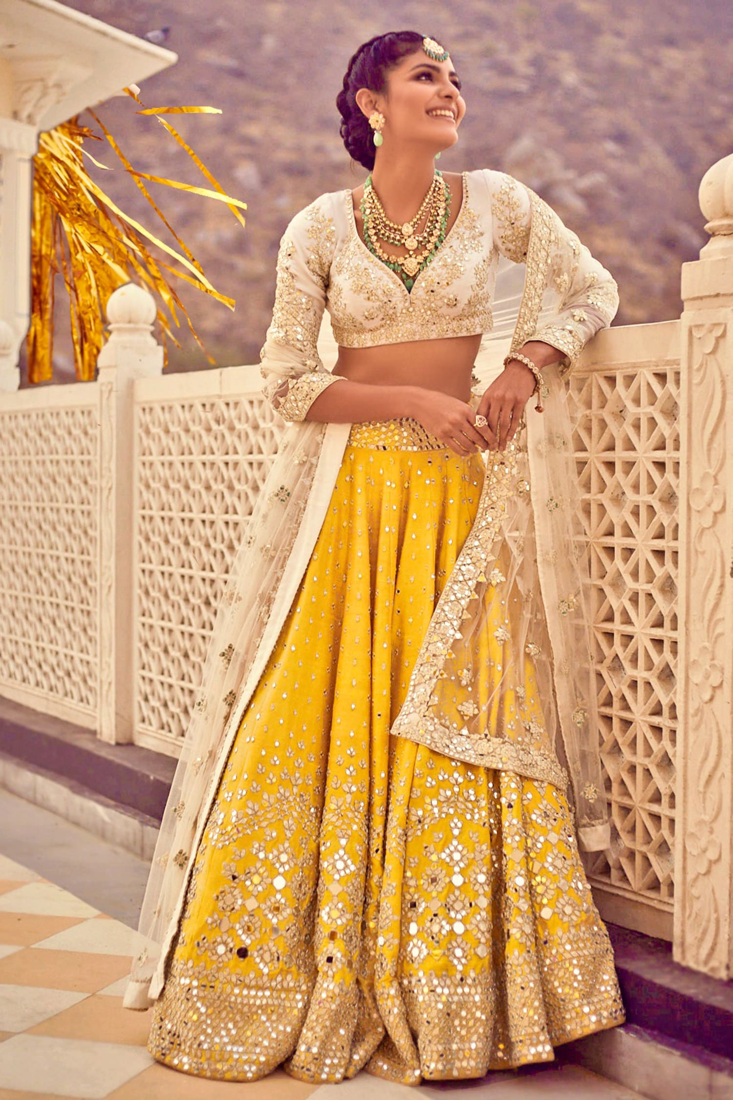 Sunshine Yellow Lehenga Set with All-Over Gold and Silver Patchwork  Embroidery - Seasons India
