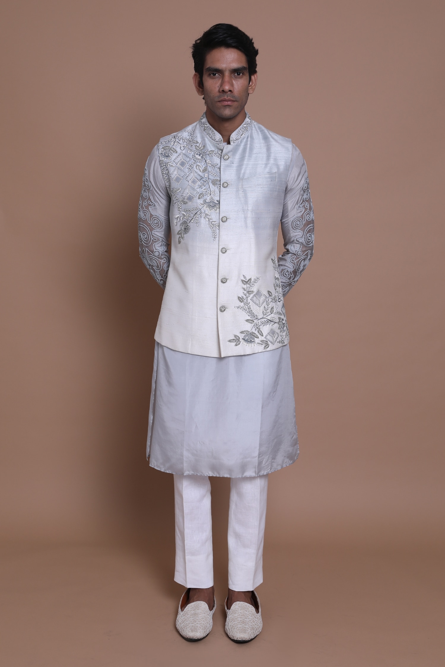 Buy House of Armuse Blue Raw Silk Bundi And Kurta Set Online | Aza Fashions