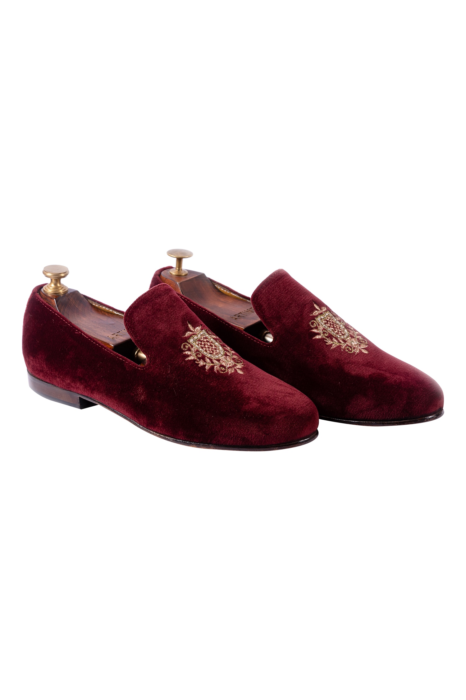 Buy Maroon Velvet Embroidered Loafers For Men by Artimen Online at Aza ...