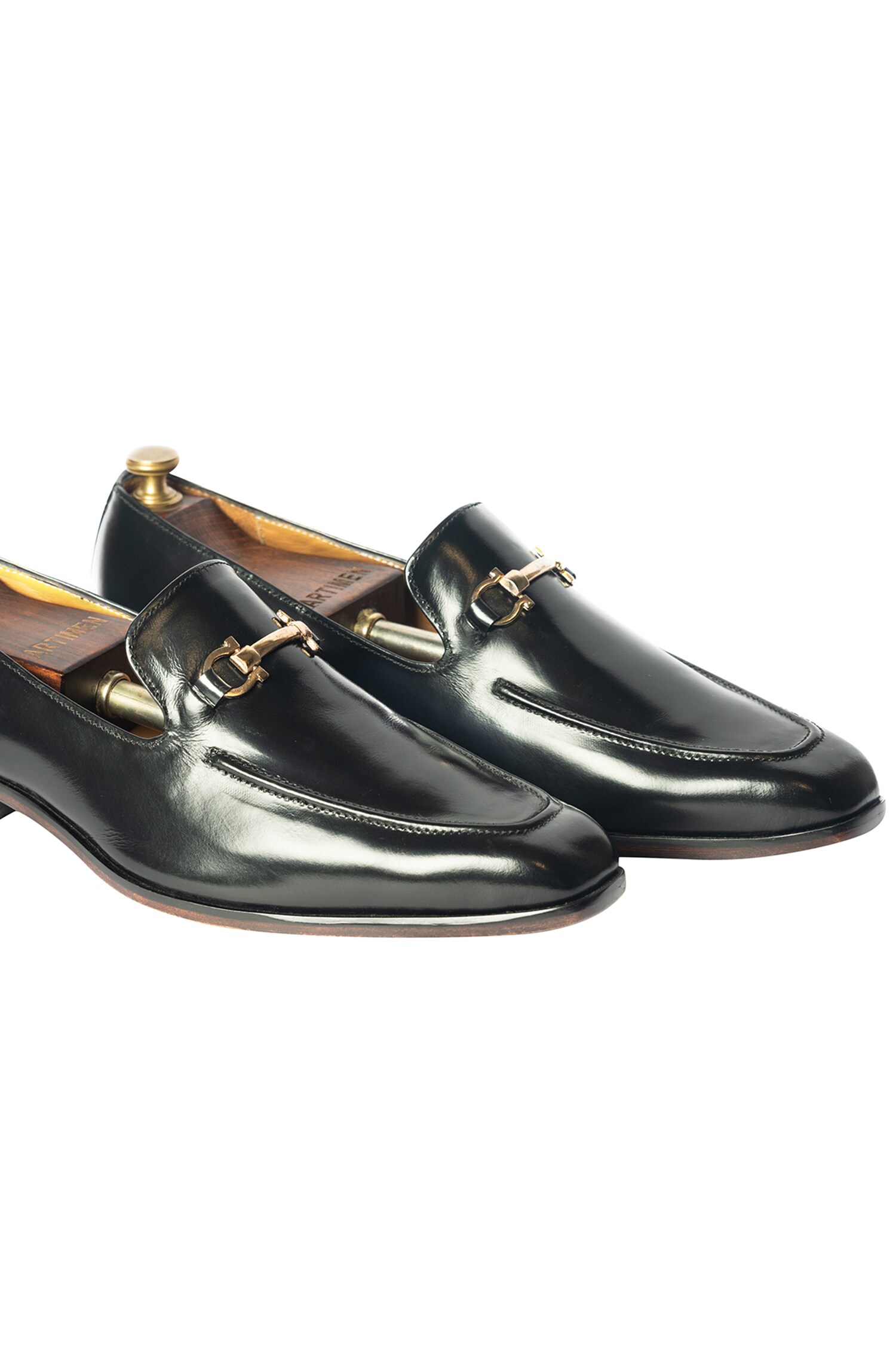 Buy Black Leather And Stone Washed Fabric Dabak Horse-bit Buckle Loafers  For Men by Artimen Online at Aza Fashions.