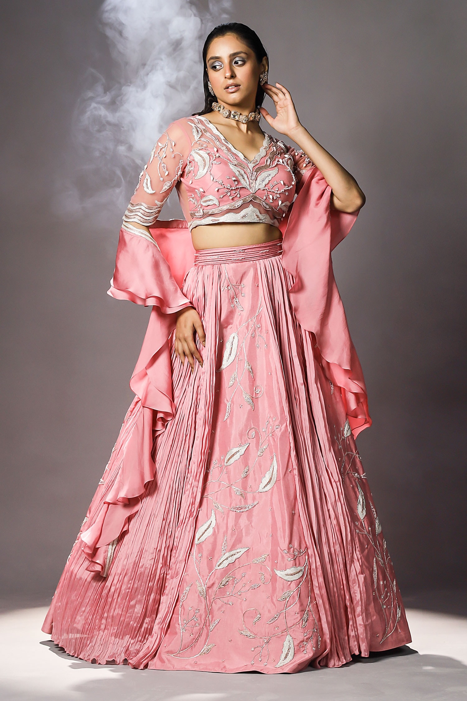 Buy Pink Silk Embroidered Floral Motifs V Neck Multi Panelled Lehenga