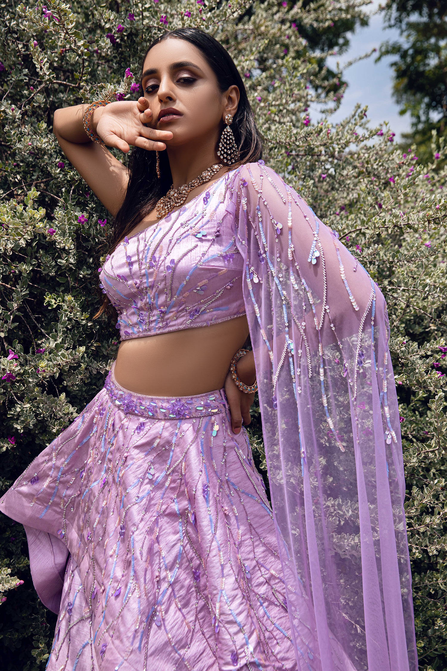 Amit GT - Purple Embroidery One Shoulder Draped Blouse And Layered Lehenga  Set For Women