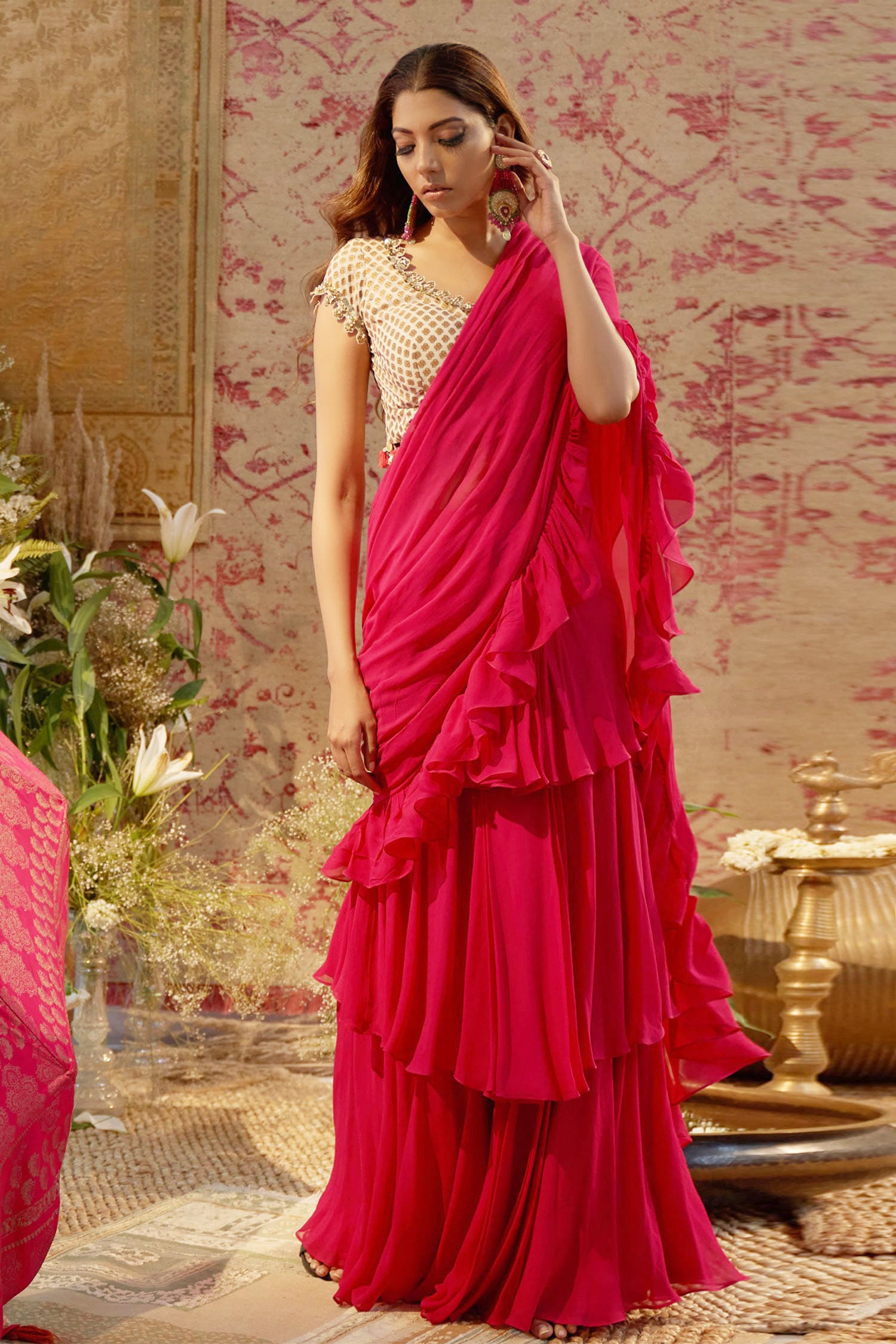 Buy Pink Georgette Embroidery V Neck Pre-draped Frill Saree Set For ...