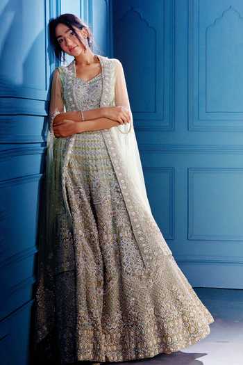 Green Printed Cape Lehenga Set with Hand Embroidered Work