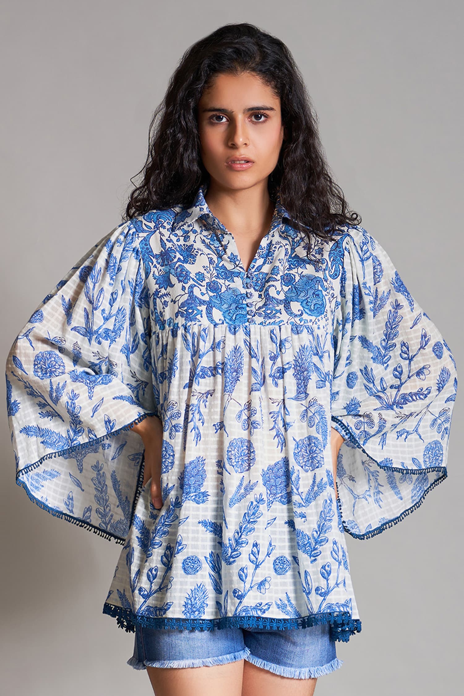 Buy White Cotton Dobby Shirt Collar Printed Top For Women by Payal Jain ...