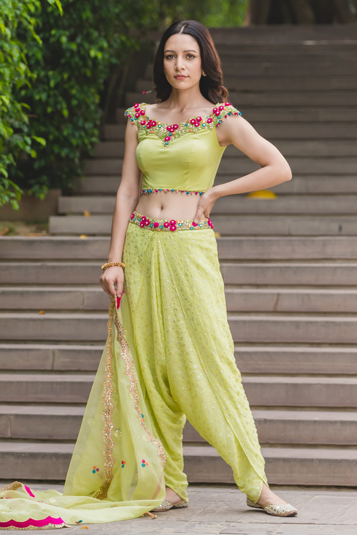 Buy Nitika Gujral Green Embroidered Crop Top And Dhoti Pant Set Online ...