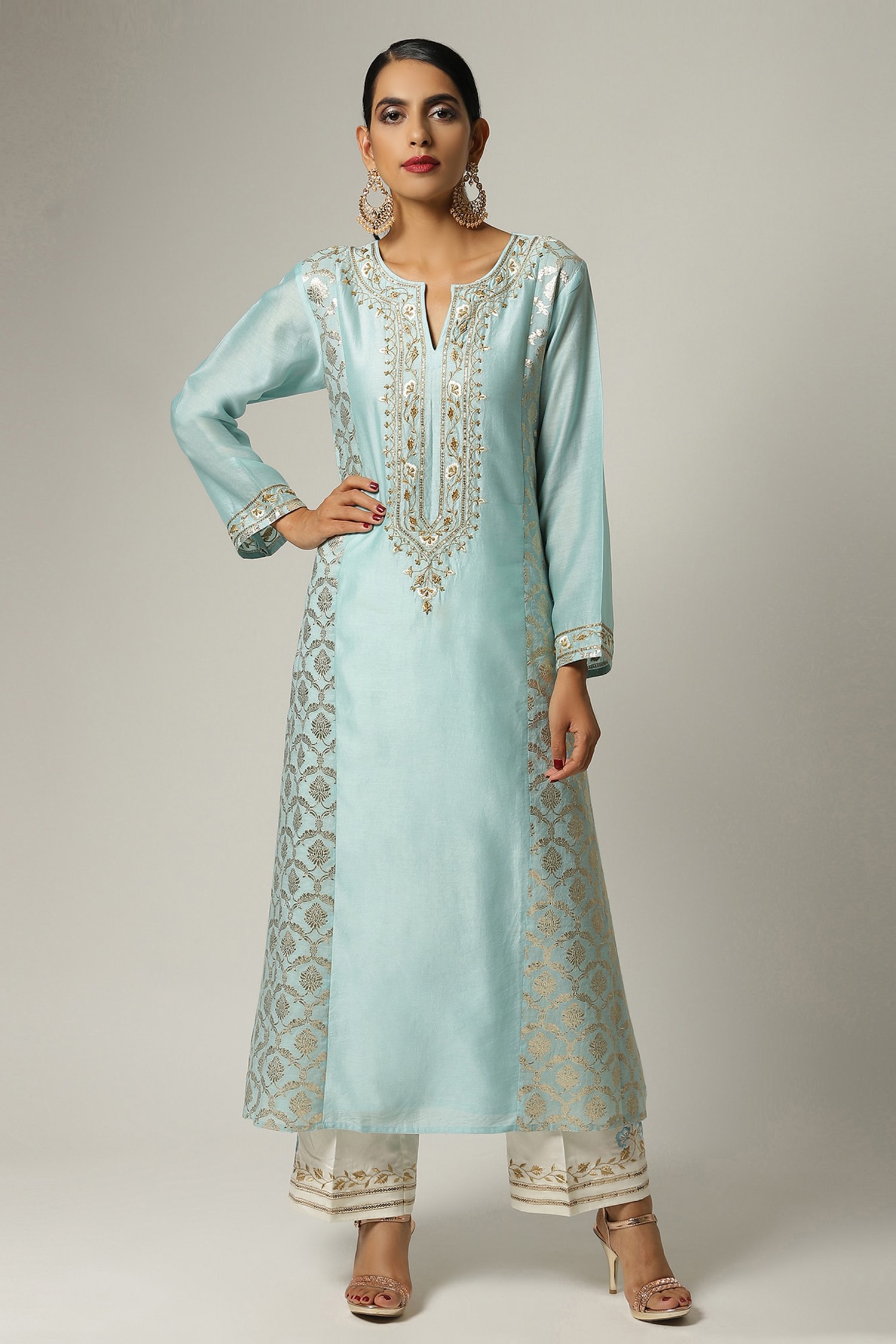 Buy Blue Silk Chanderi Embroidered Kurta For Women by Anantaa by Roohi ...