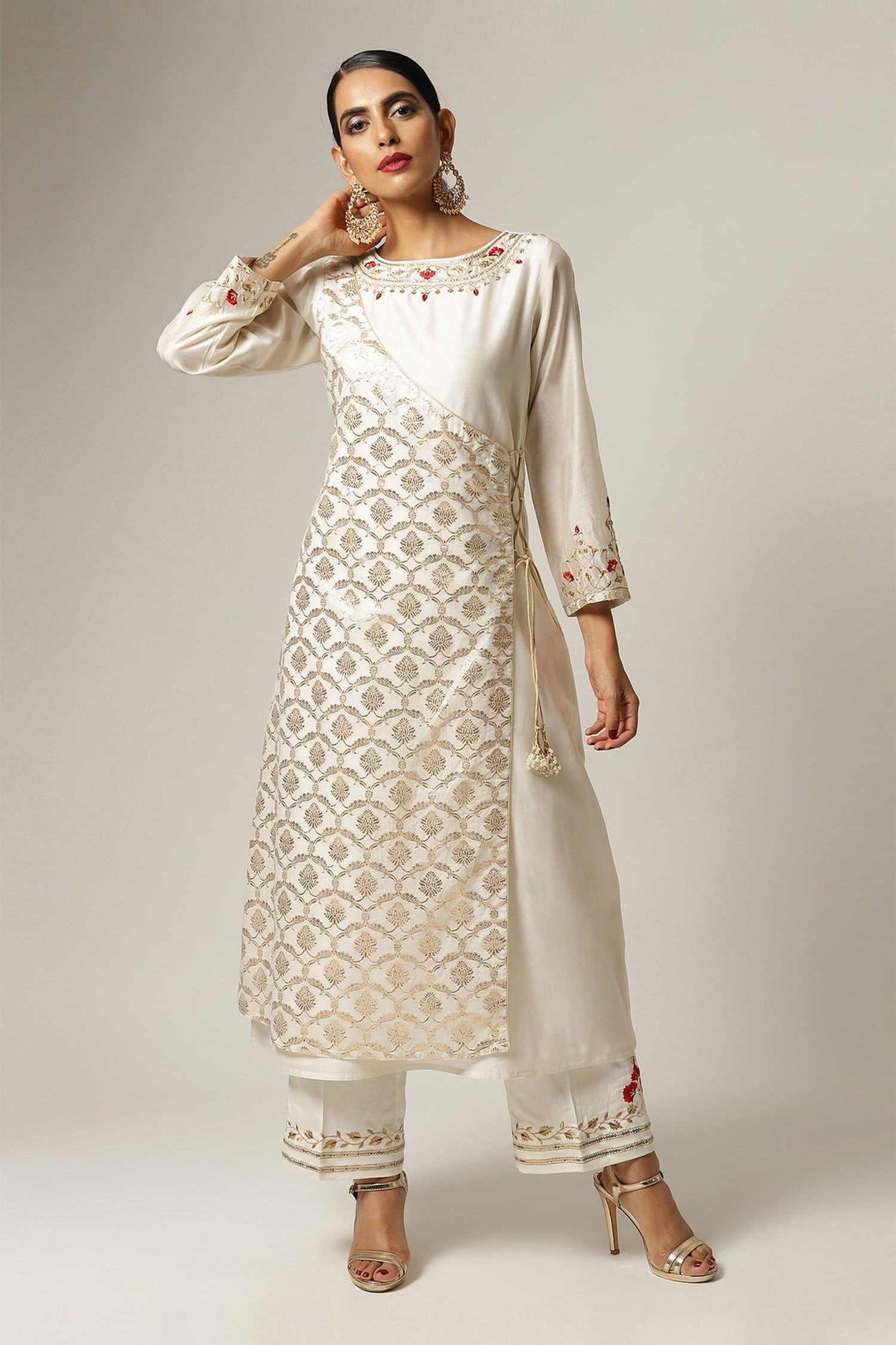 Buy White Silk Chanderi Embroidered Kurta For Women by Anantaa by Roohi ...