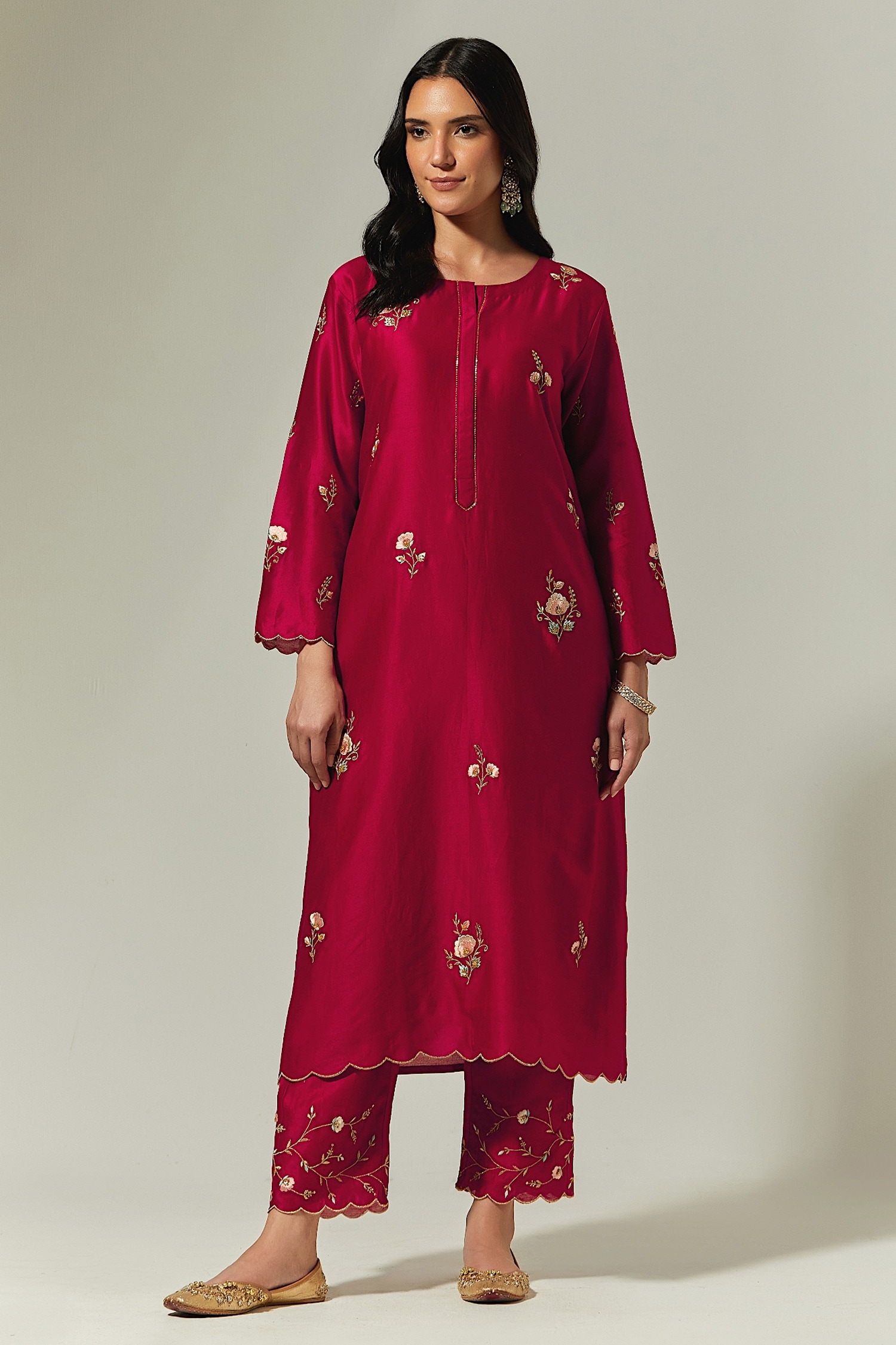 Buy Red Silk Chanderi Embroidered Floral Round Kurta For Women by ...