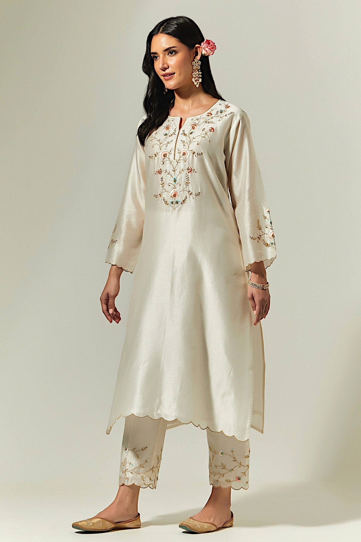 Buy Off White Silk Chanderi Embroidered Floral Palazzo For Women by ...