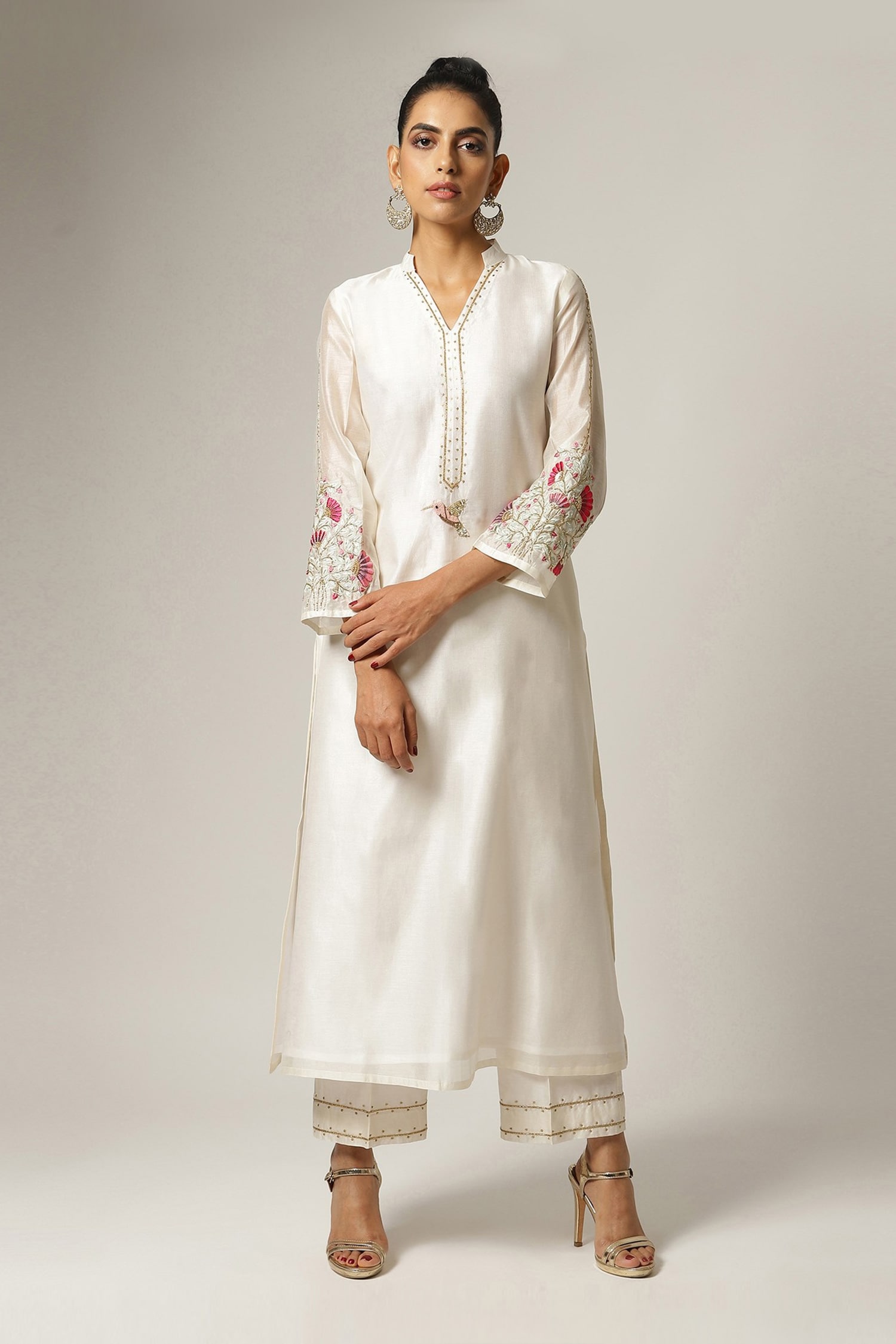 Buy White Silk Chanderi Stand Collar Kurta For Women by Anantaa by