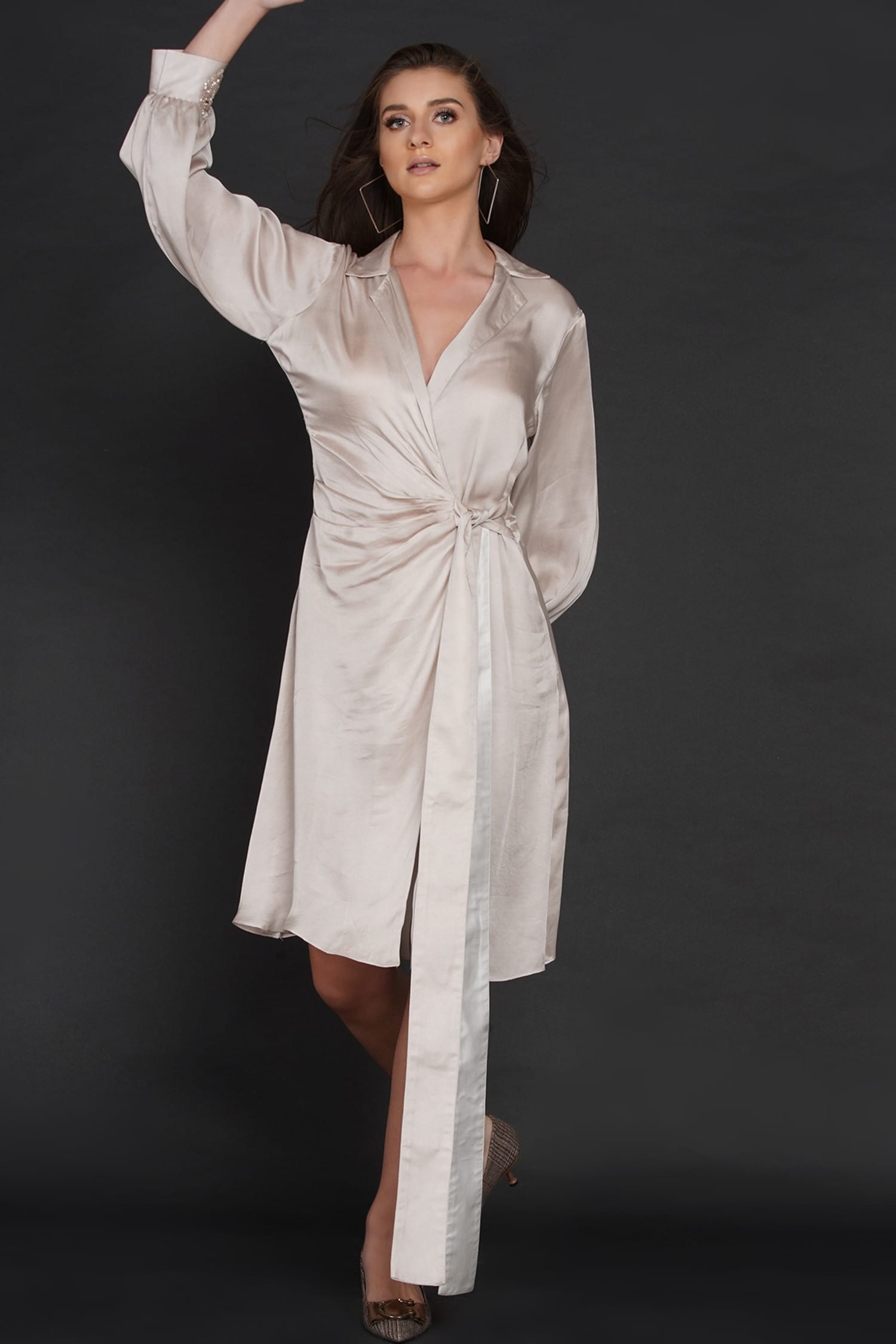 Buy White Modal Embellished Owl Motif V Neck Kimono Sleeve Pleated Dress  For Women by Angry Owl Online at Aza Fashions.