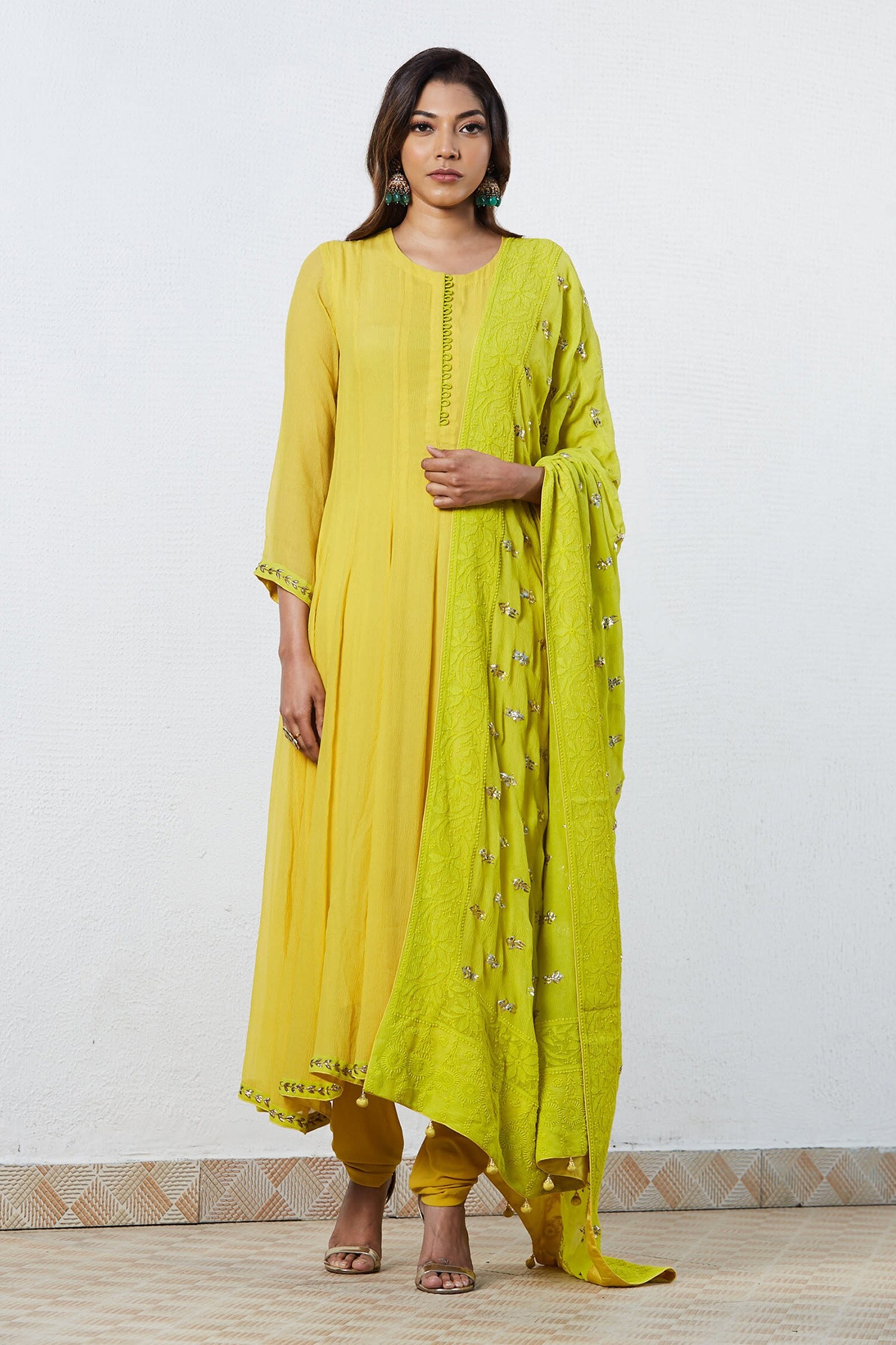 Buy Romaa Yellow Chiffon Anarkali Set With Chikankari Dupatta Online ...