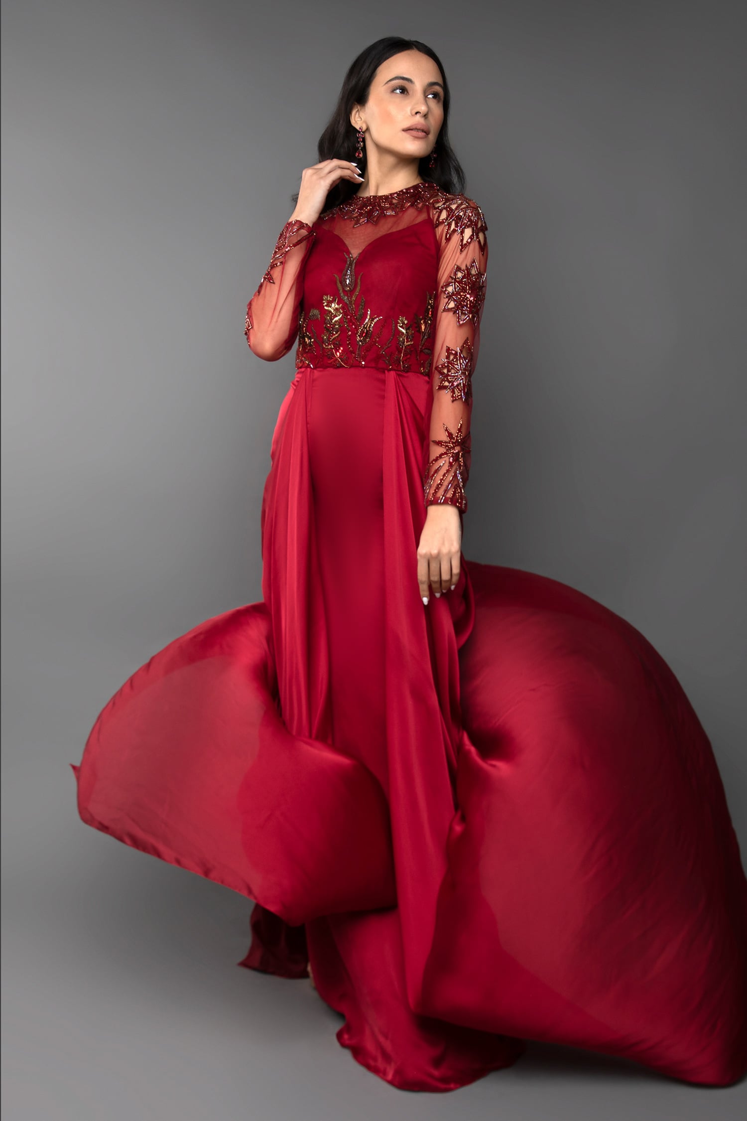 Buy Red Net And Satin Embroidered Self Gold Work Round Side Draped Gown ...