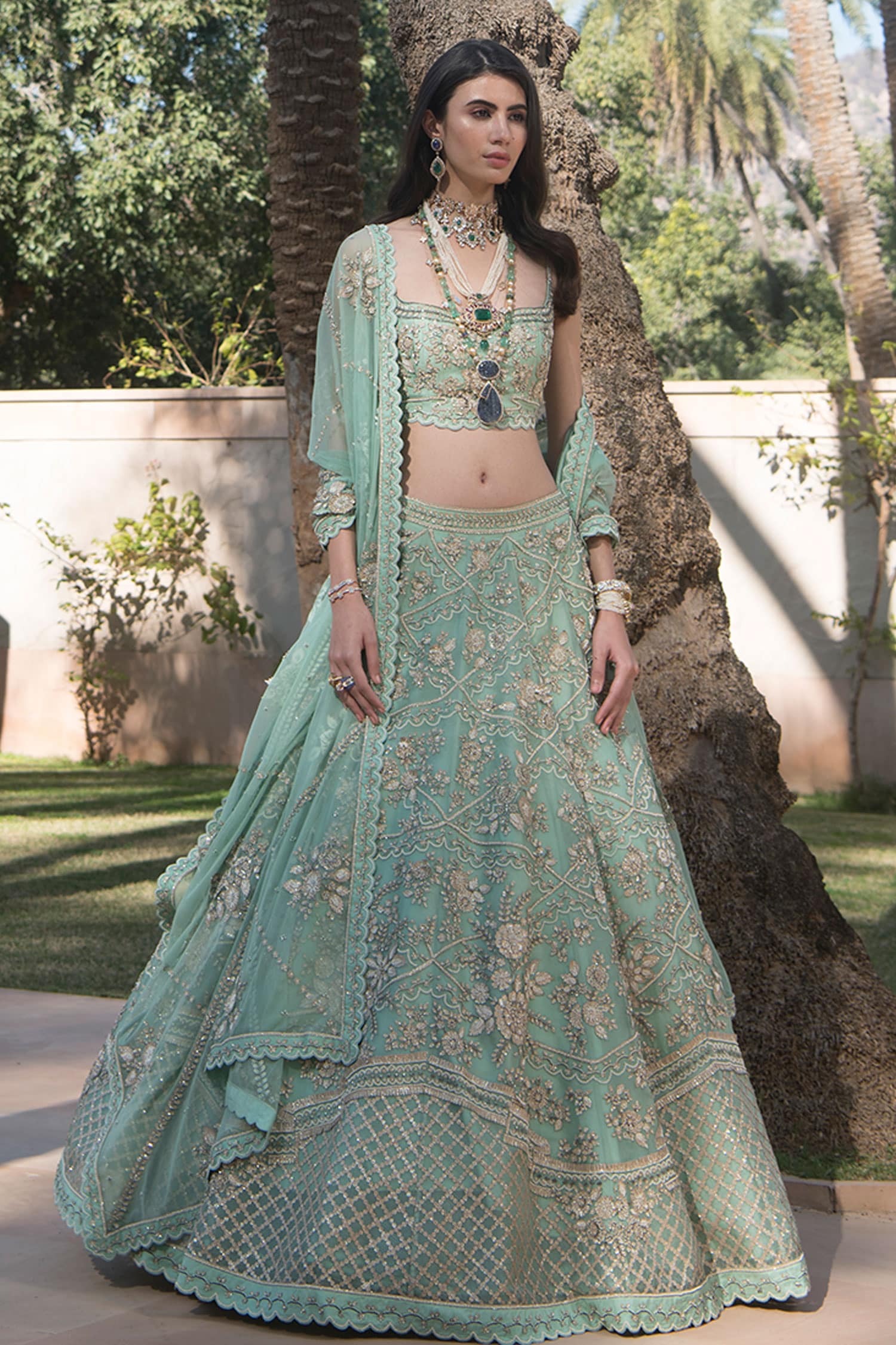 Pink Silk Jacquard Duppatta, Parrot Green Color Banarasi Silk Jacquard  Lehenga & Green Silk Crop Top Styled Blouse