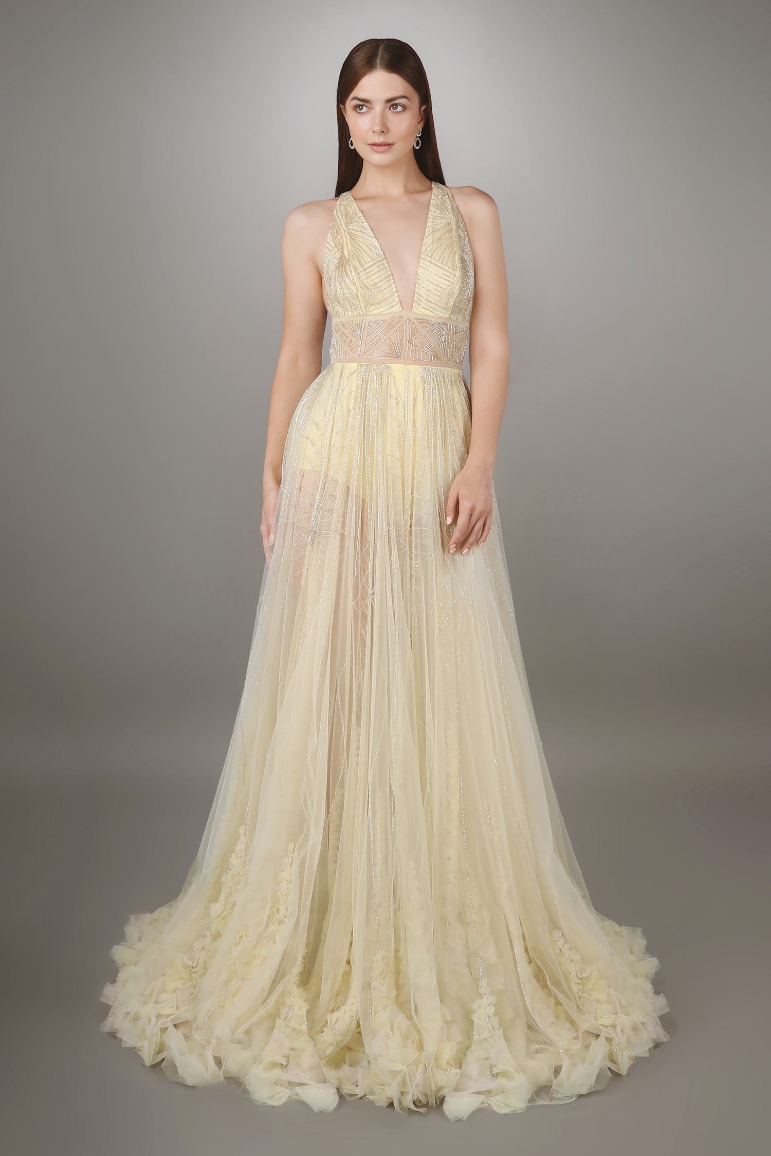 Buy Yellow Net Hand Embroidered Plunge V Neck Textured Gown For Women