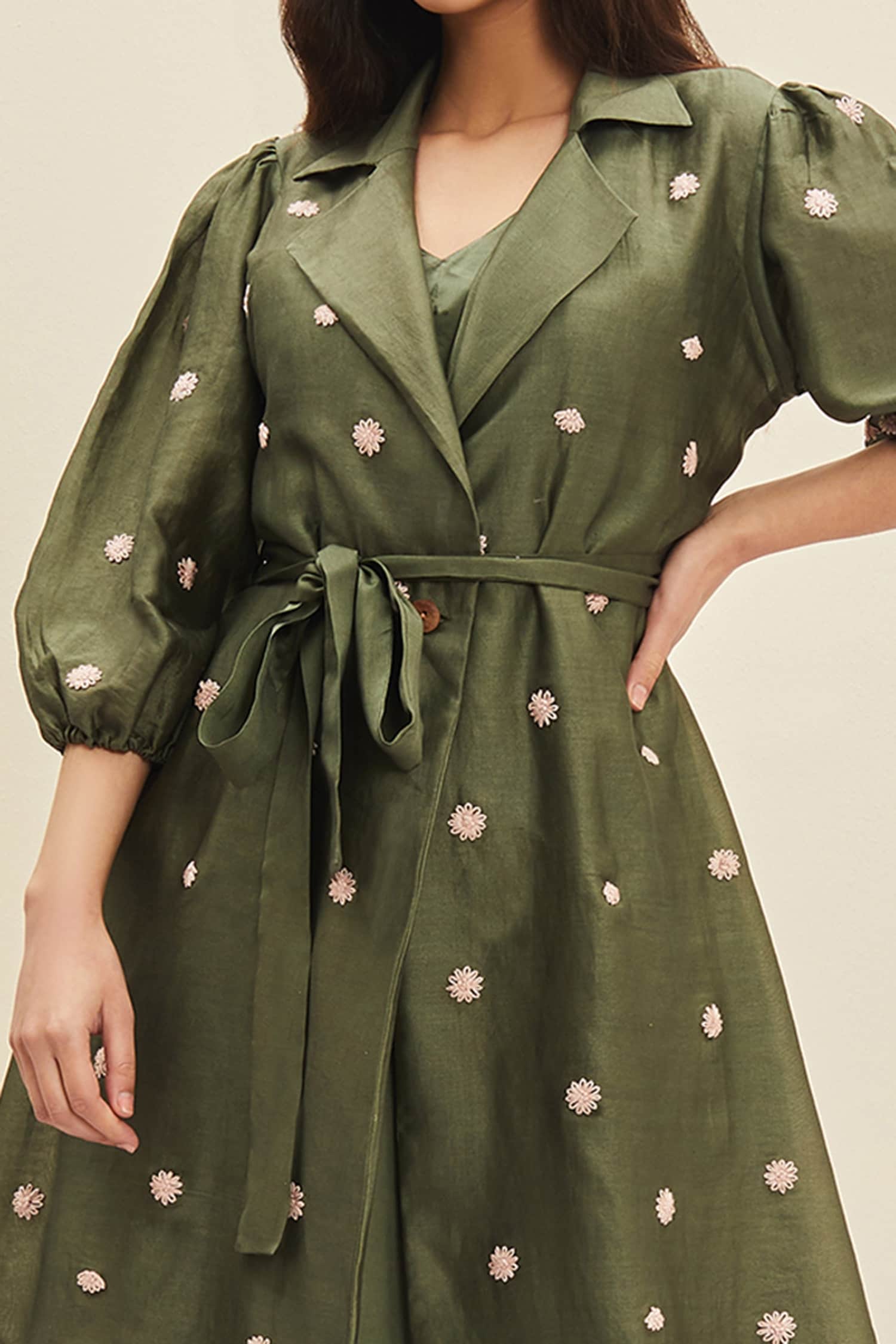 Meadow - Green Silk Embroidered Floral Notched Collar Aria Coat Dress For  Women