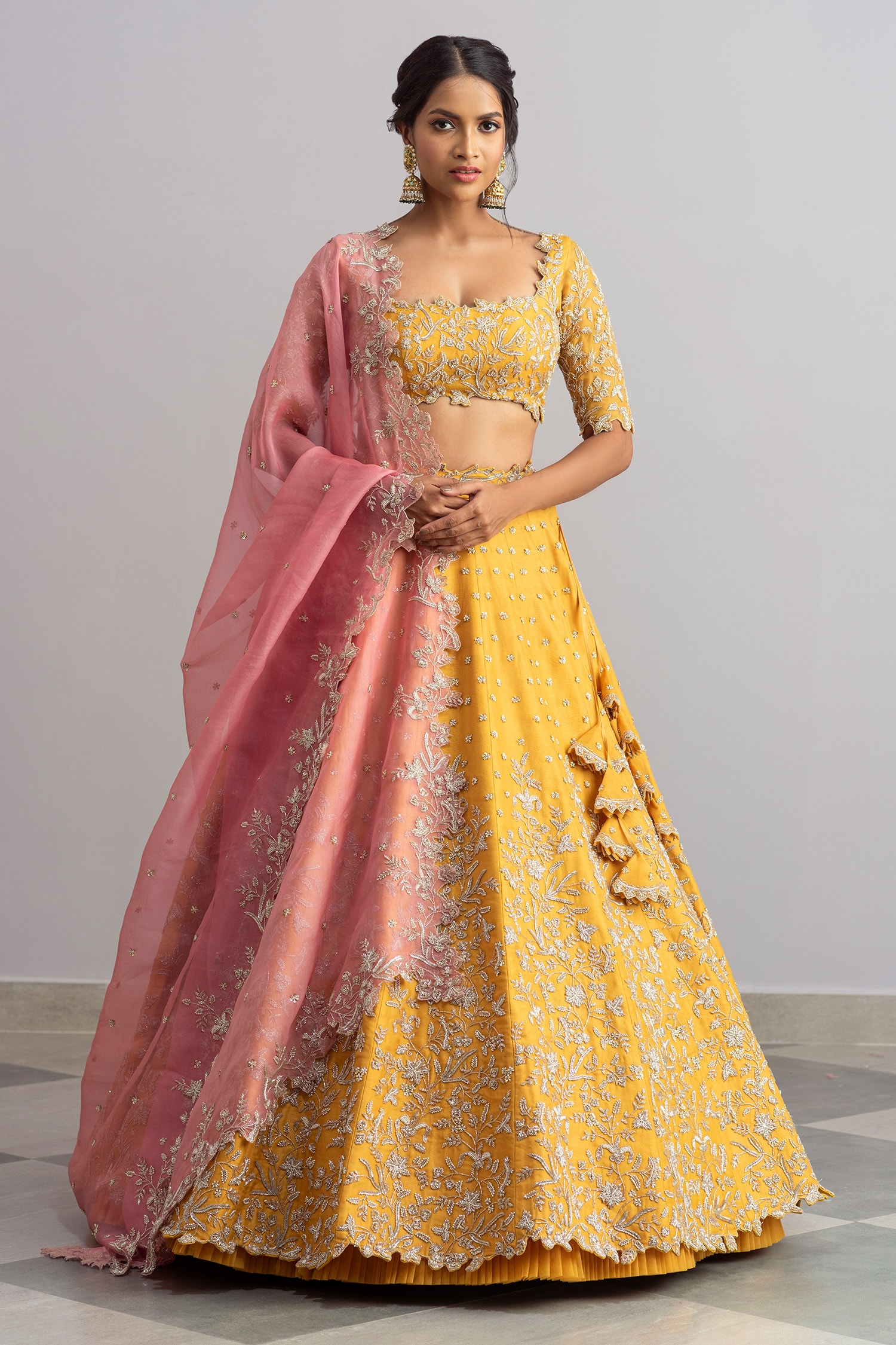 Anushree Reddy - #ARBride • Yellow green lehenga set with silver glass  beads embroidery. The ensemble incorporates hand embroidered scallop  detailing all over lehenga edges. Explore #Womenwear online  www.shopanushreereddy.com . . . #