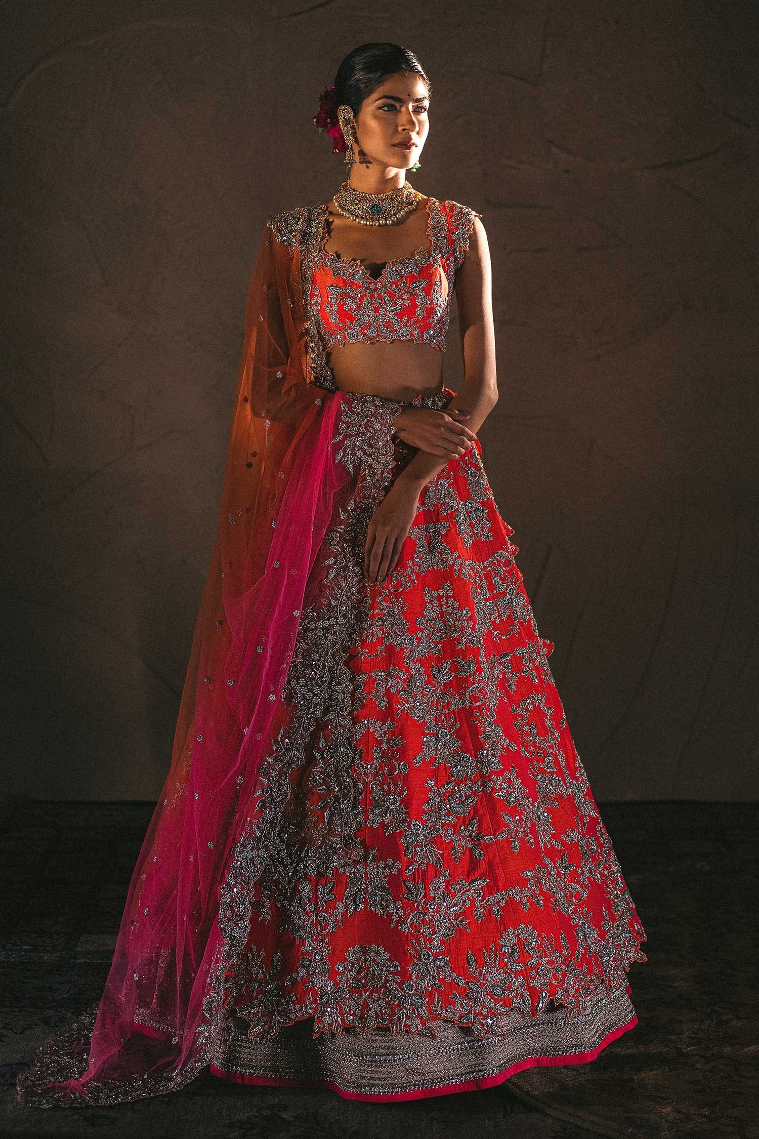 Buy Red Organza Embroidery Zardozi Square Neck Bridal Lehenga Set For Women  by Anushree Reddy Online at Aza Fashions.