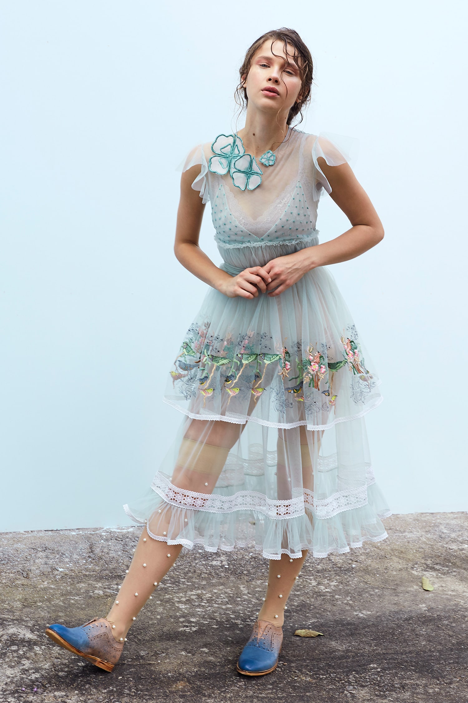 Buy Green Net Round Layered Midi Dress For Women by Archana Rao Online ...