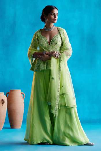 Women Green Floral Peplum Top With Sharara Pants