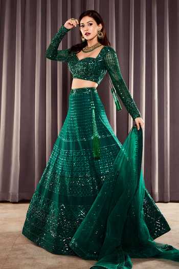 Buy Asra Green Net Sequin Embroidered Lehenga Set Online | Aza Fashions