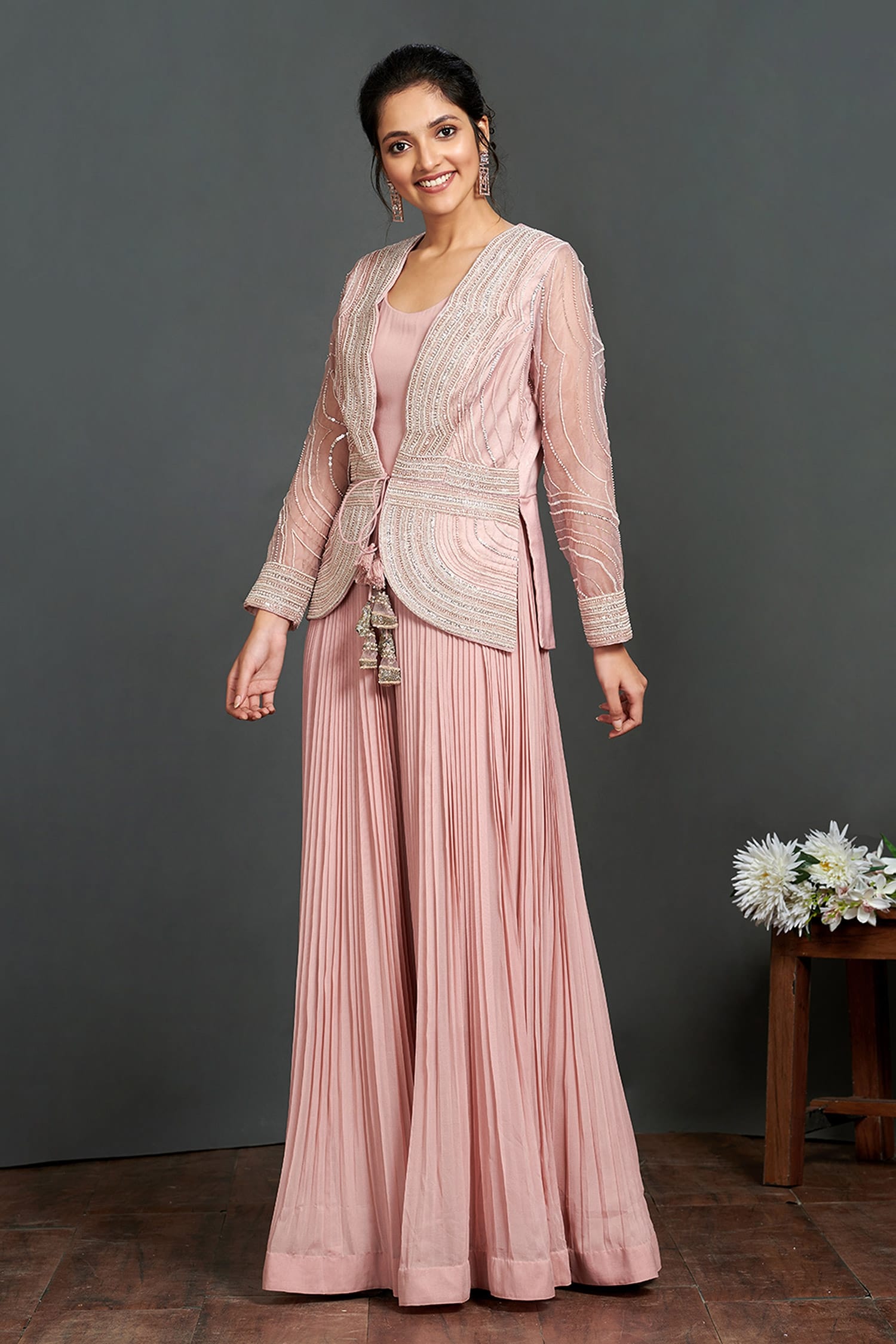 Buy Onaya Purple Accordion Jumpsuit With Embroidered Jacket Online Aza Fashions