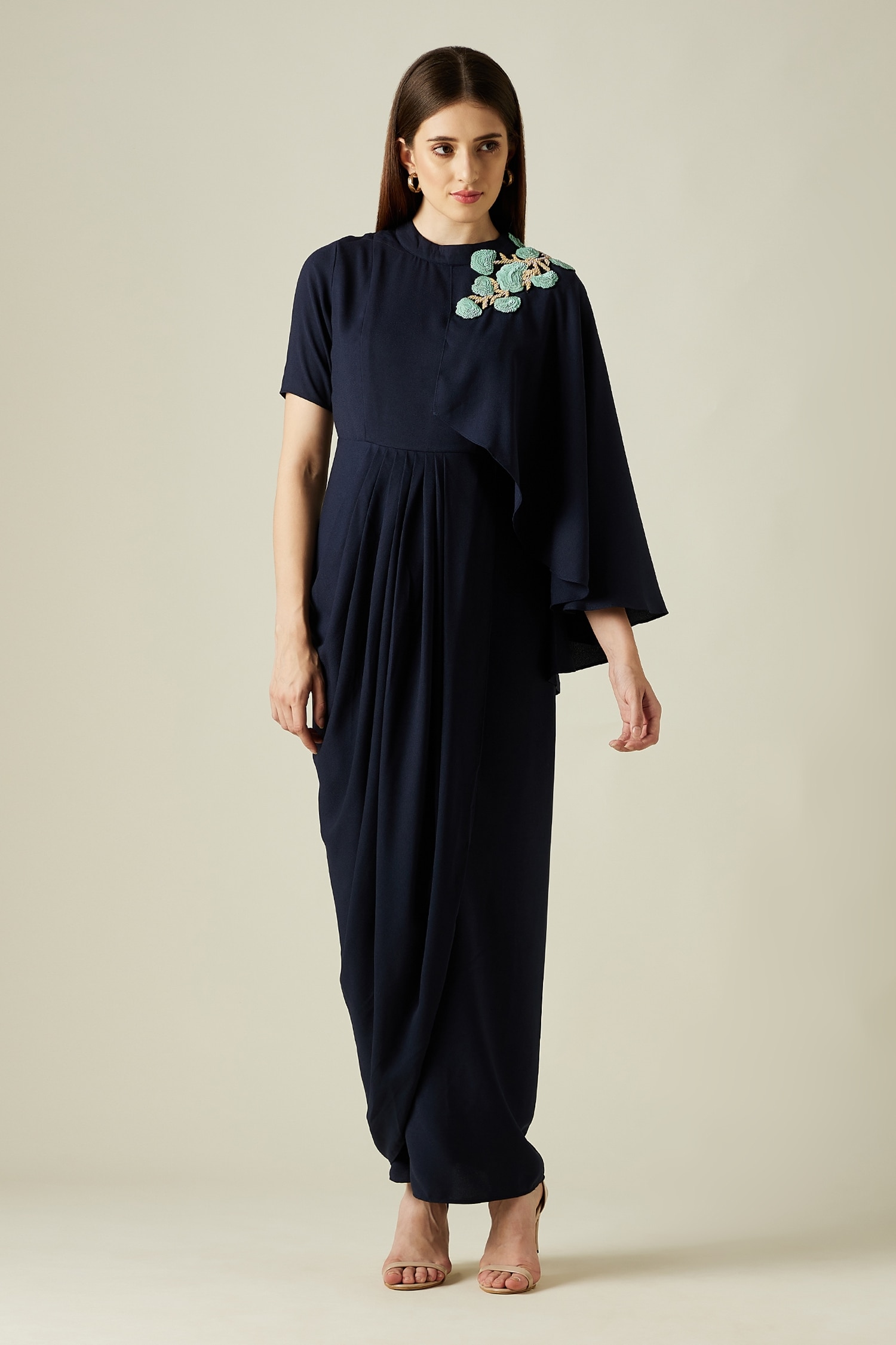 Aakaar Blue Moss Crepe Embroidery Leather Round Draped Gown For Women