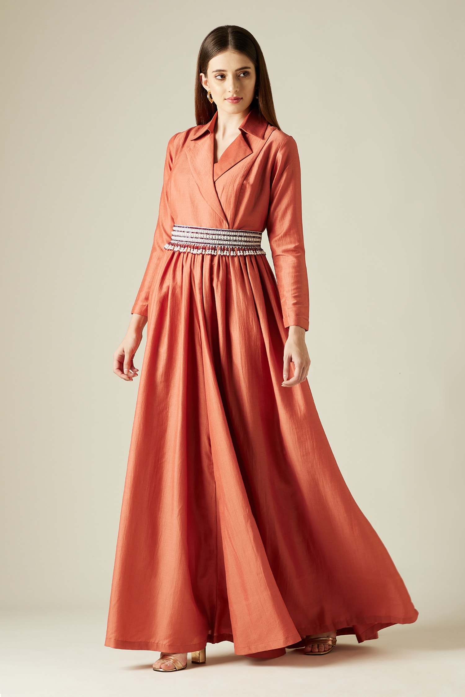 Buy Orange Cotton Silk Embroidery Stones Notched Jumpsuit With