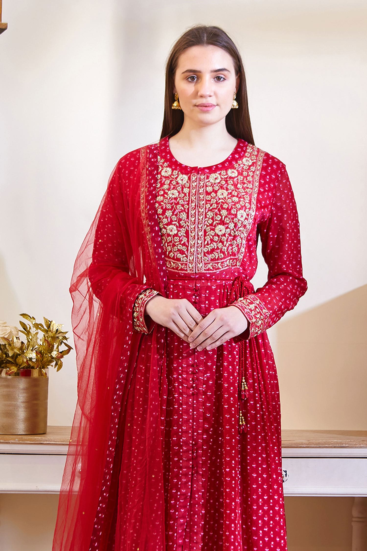 Buy Maroon Silk Round Embroidered Anarkali Set For Women by Shyam ...