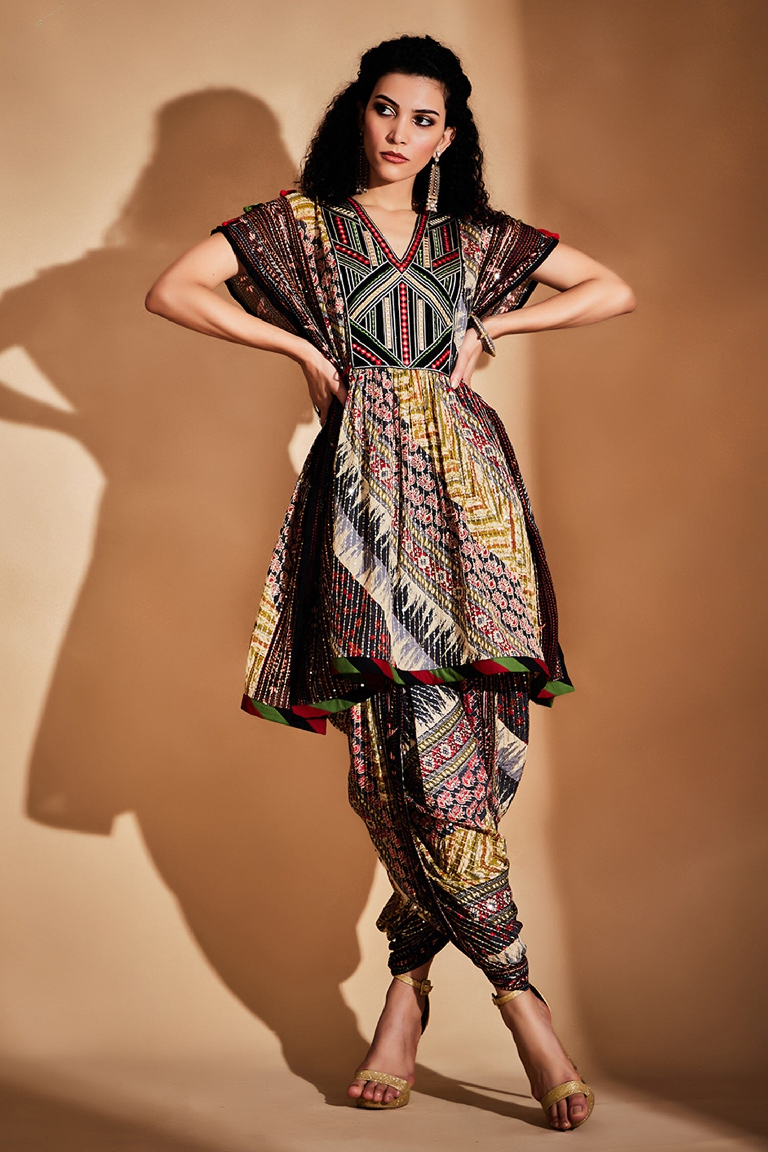 Gulabo by Abu Sandeep Multi Color Cotton Printed Ajrakh V Neck And Embroidered Kaftan Tunic For Women