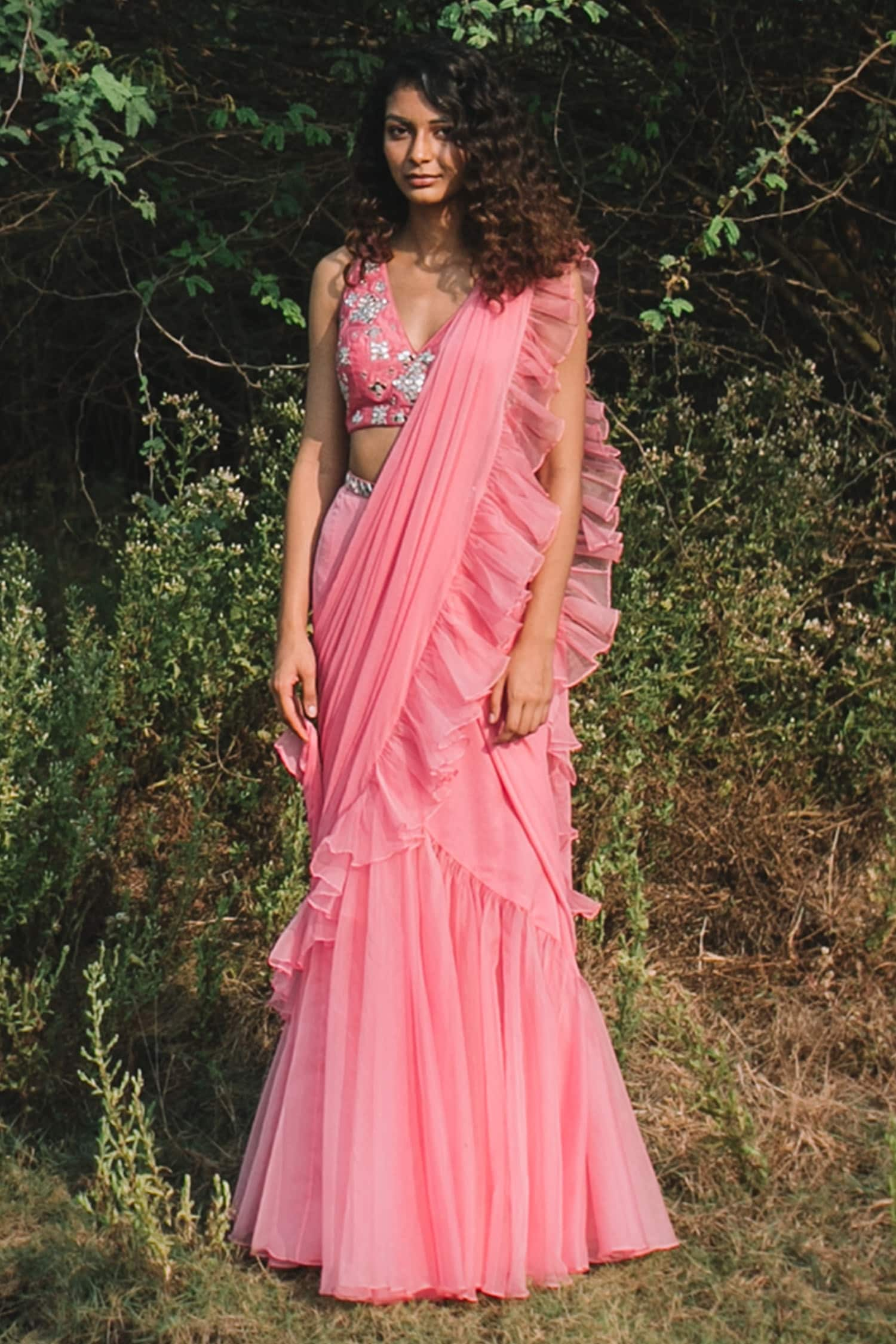 Onion Pink Ruffle Saree – Label Nitika