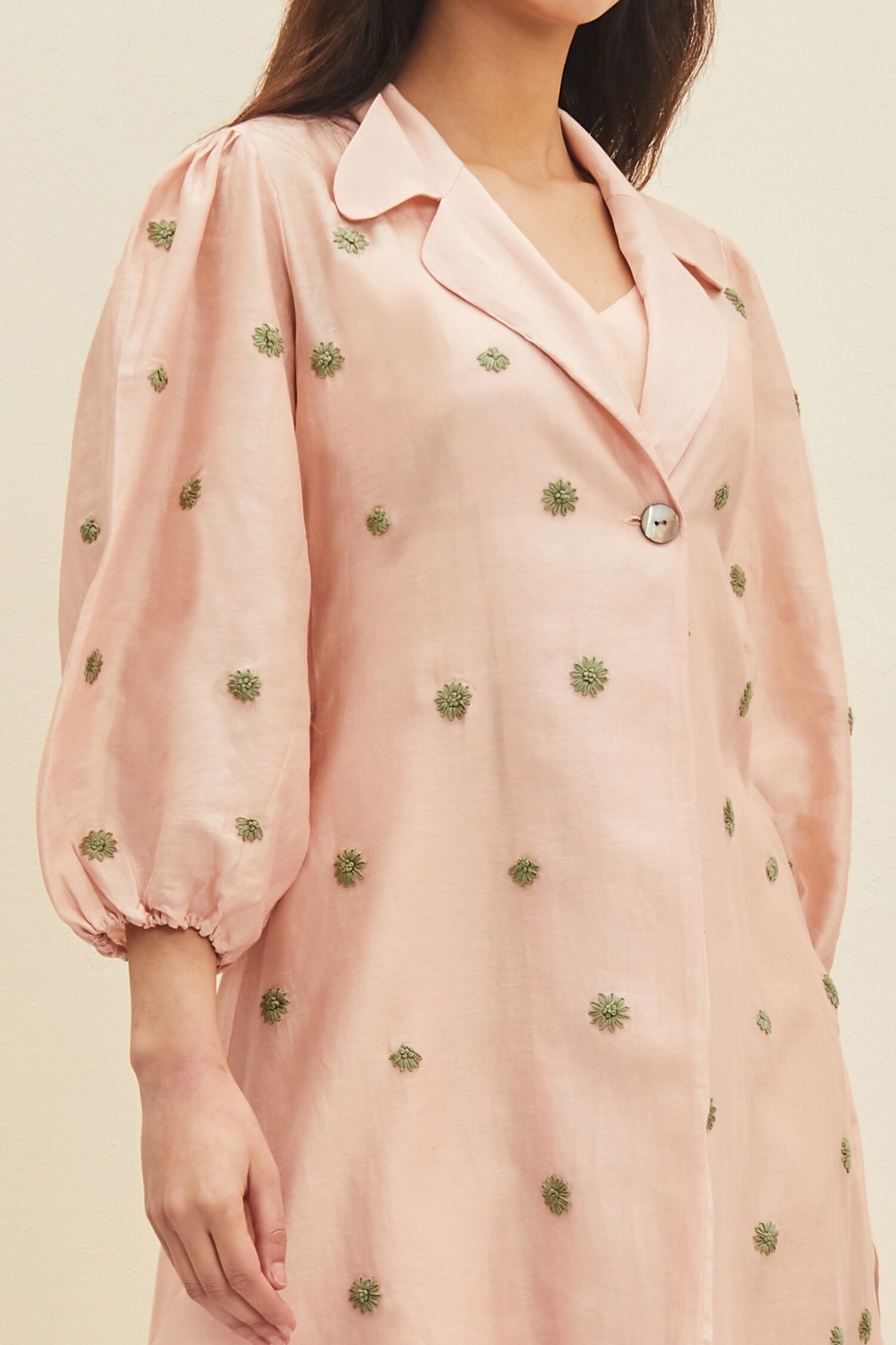 Meadow - Pink Silk Embroidered Floral Notched Collar Ellery Coat Dress For  Women