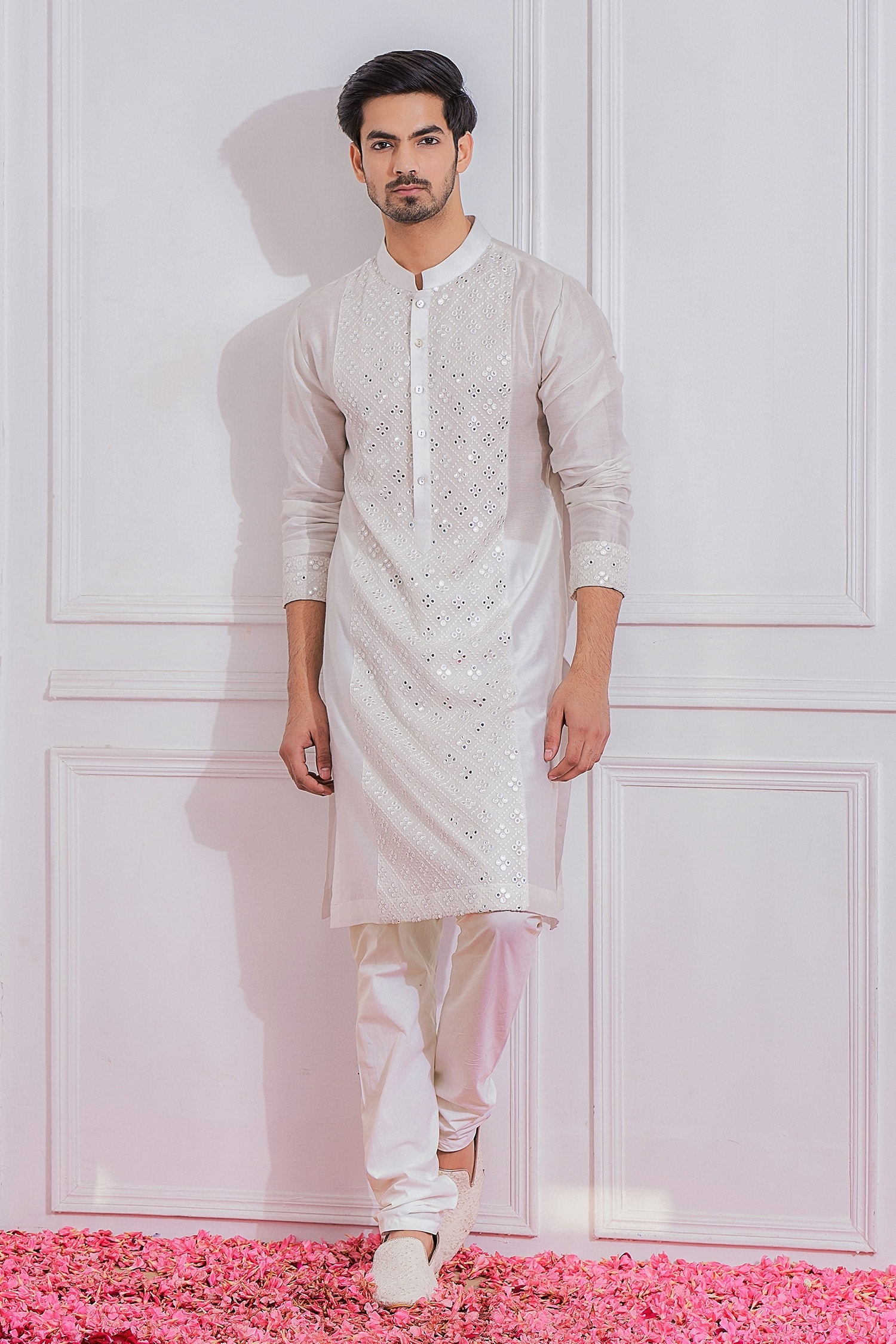 Buy White Cotton Silk Embellished Mirror Work Kurta Set For Men by ...