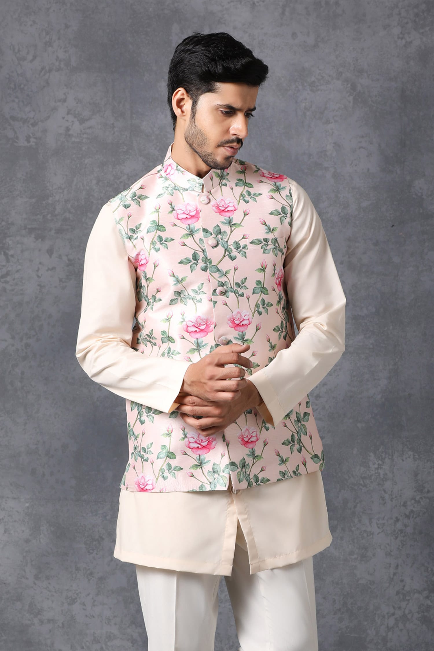 Buy Ankit V Kapoor Pink Cotton Printed Nehru Jacket Online | Aza Fashions