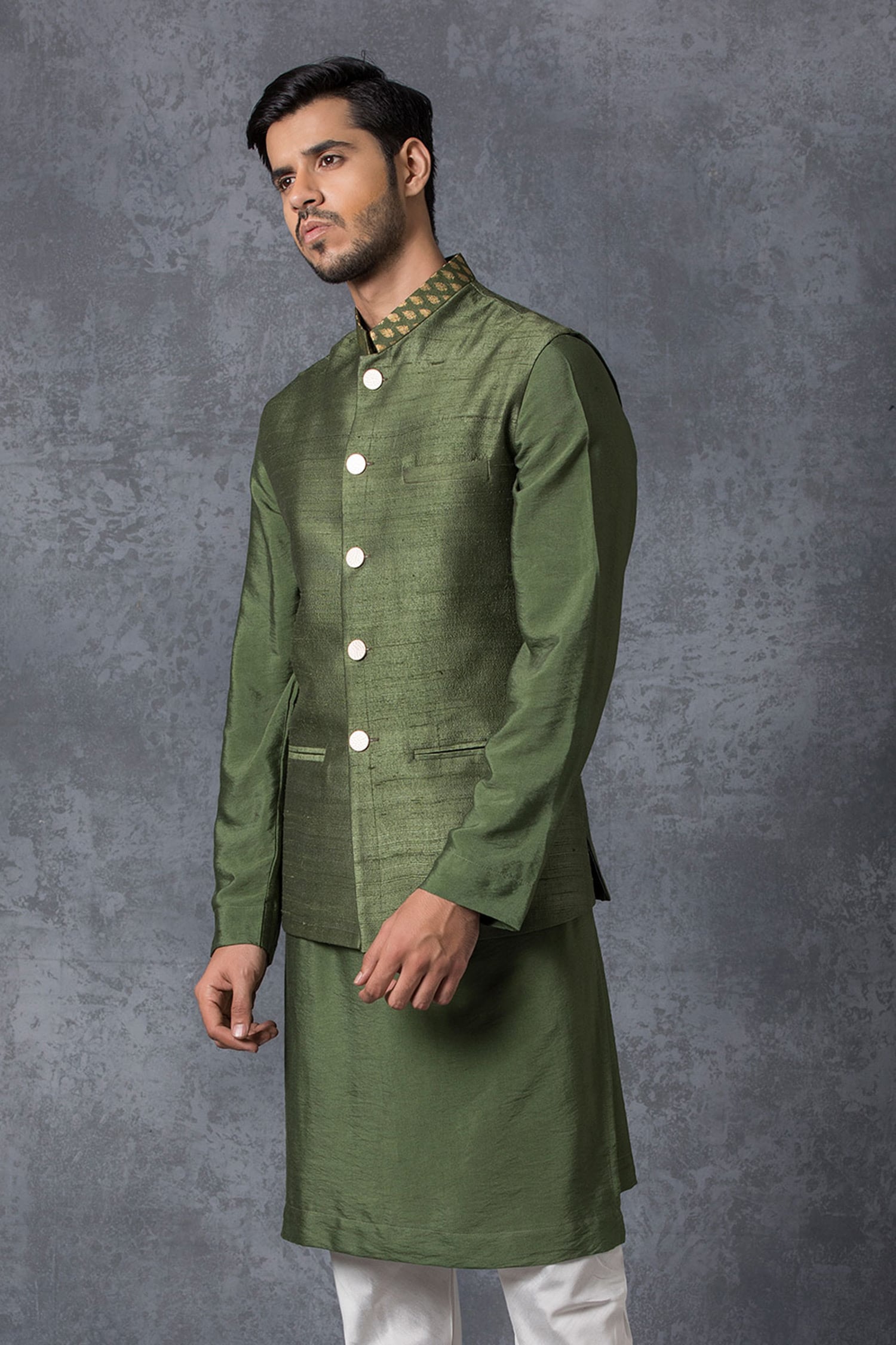 Buy Green Raw Silk Bundi And Kurta Set For Men by Ankit V Kapoor Online ...