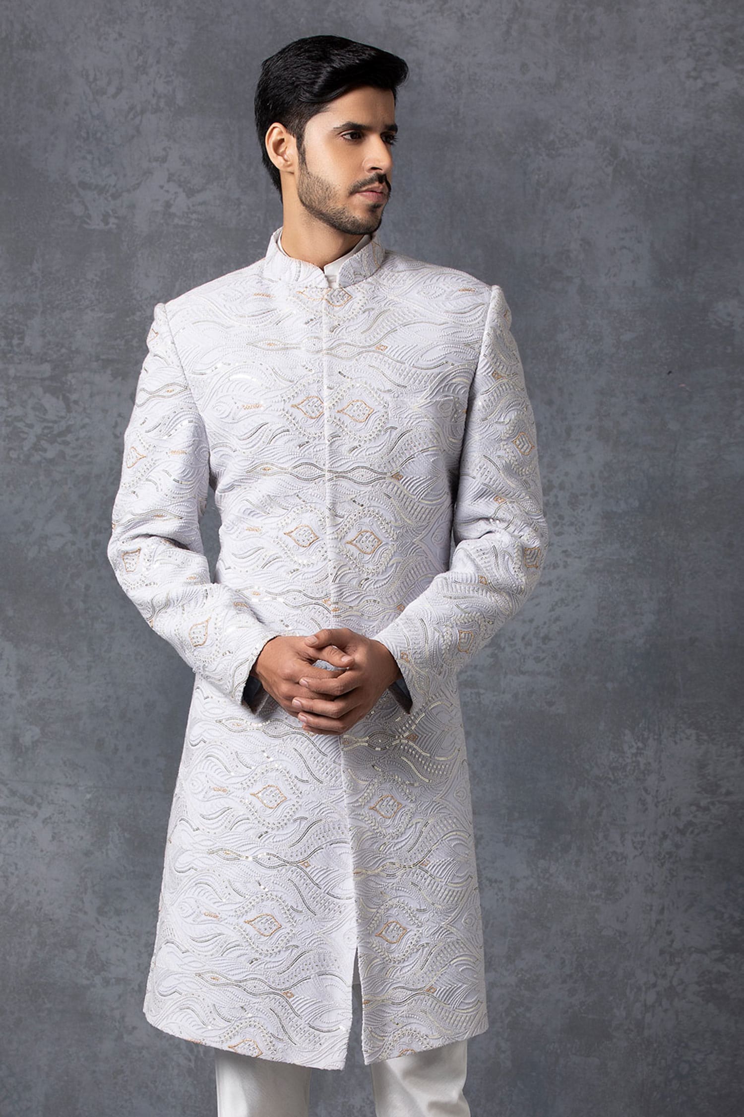 Buy Ankit V Kapoor Grey Pure Georgette Lucknowi Embroidered Sherwani ...