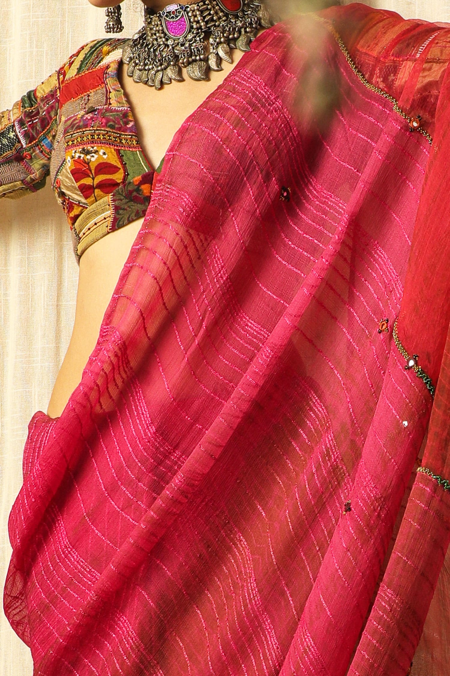 Medha - Yellow Handwoven Chiniya Silk Embroidery Round Saree Blouse For  Women
