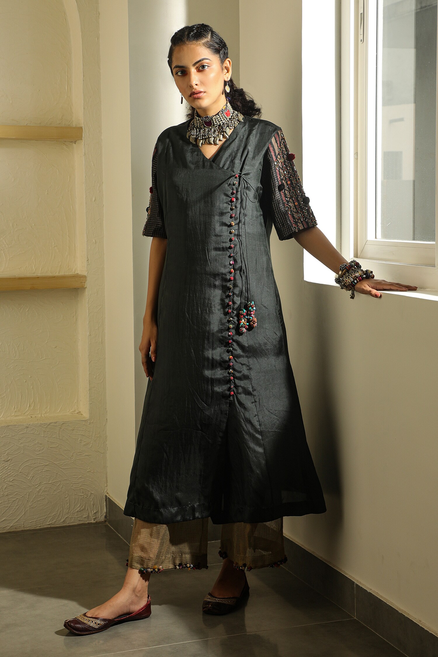 Buy Medha Black Silk Overlap Tunic Online | Aza Fashions