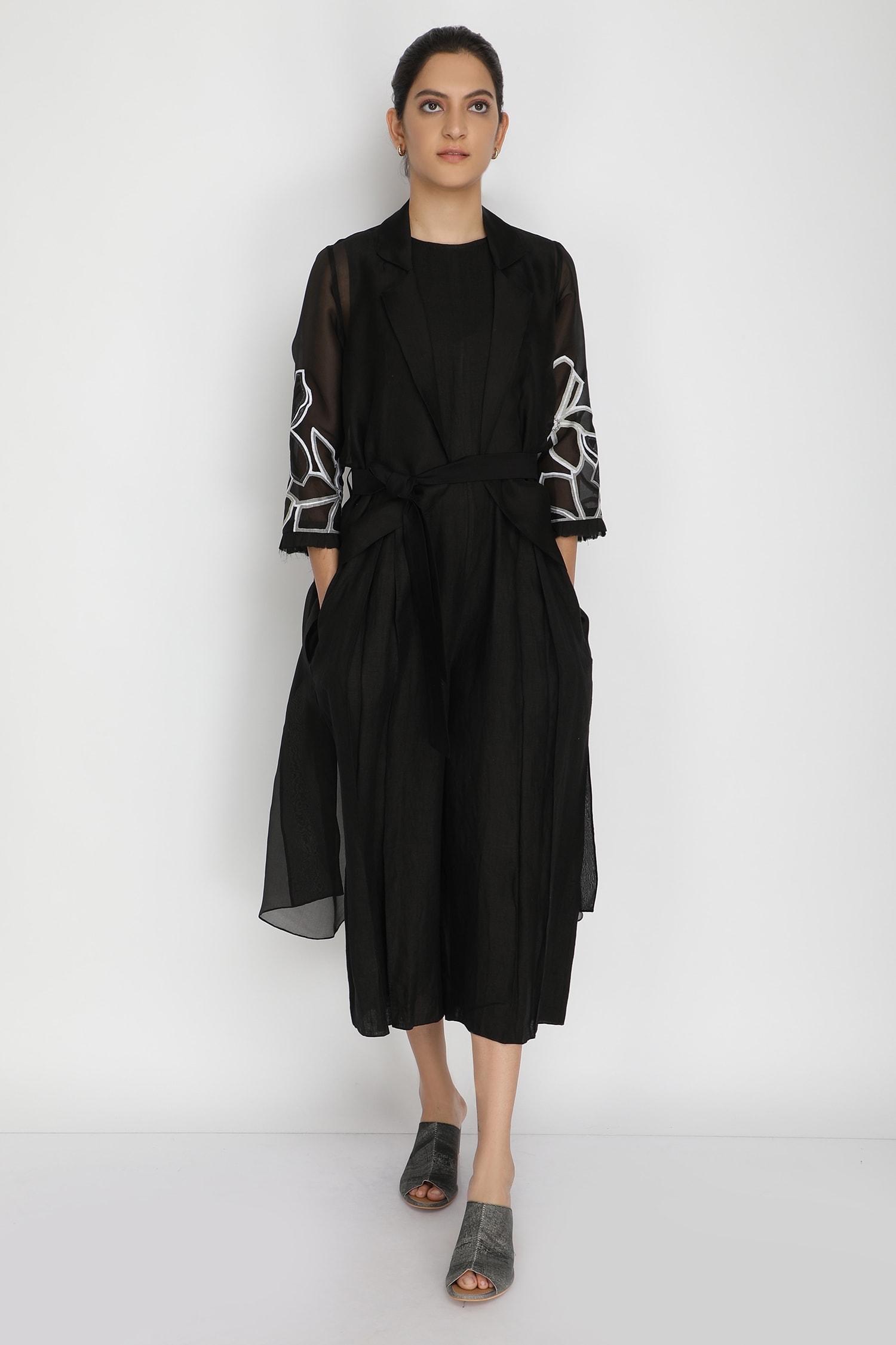 Buy Black Linen Printed Jacket Lapel Collar; Jumpsuit Organza And Set