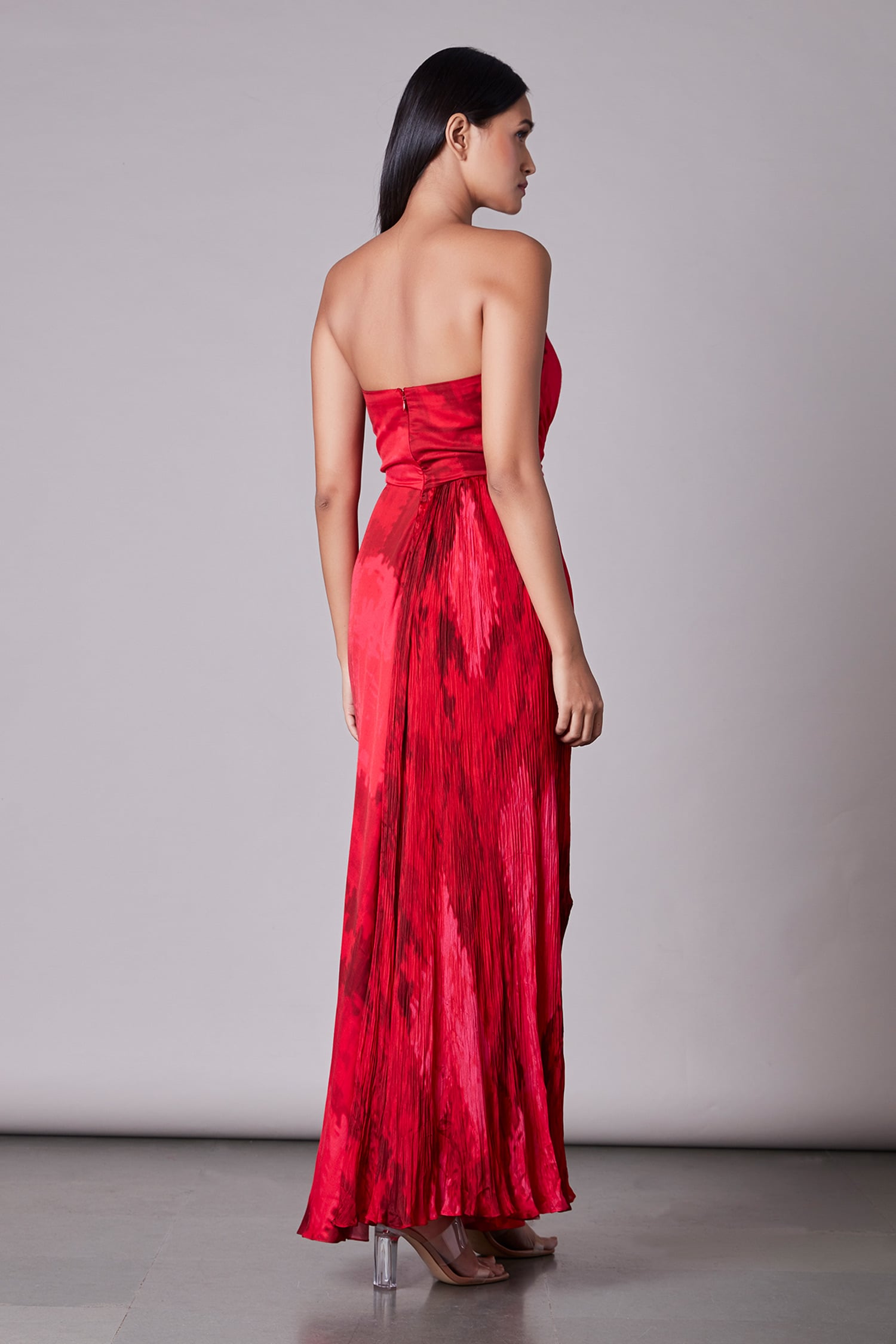 Saaksha & Kinni - Red Chiffon Embroidery Sweetheart Neck Bandeau Pleated  Dress For Women