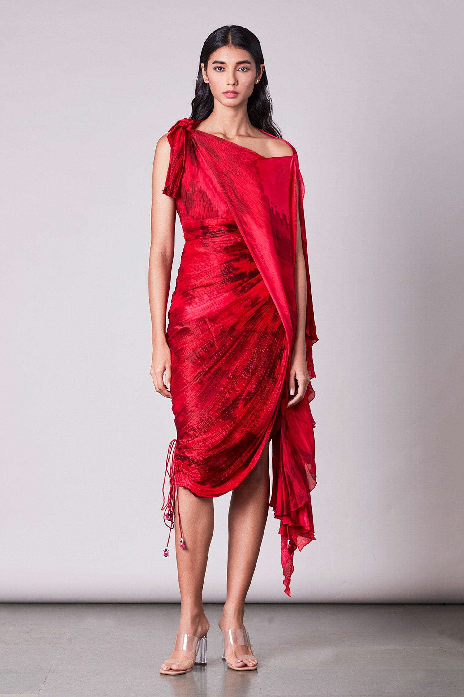 Saaksha & Kinni Red Chiffon Embroidery Asymmetric Draped Saree Dress For Women