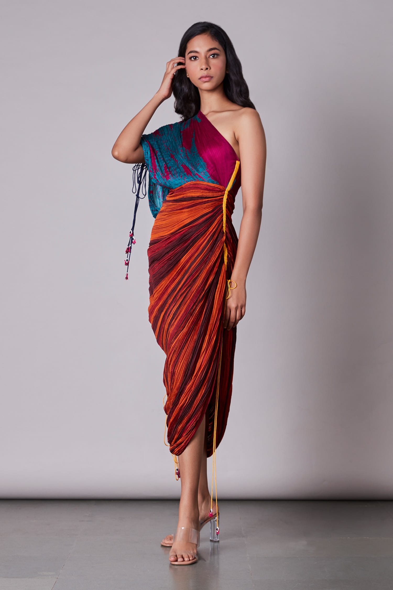 Saaksha & Kinni Multi Color Cotton Silk Embroidery Asymmetric One Shoulder Saree Dress For Women