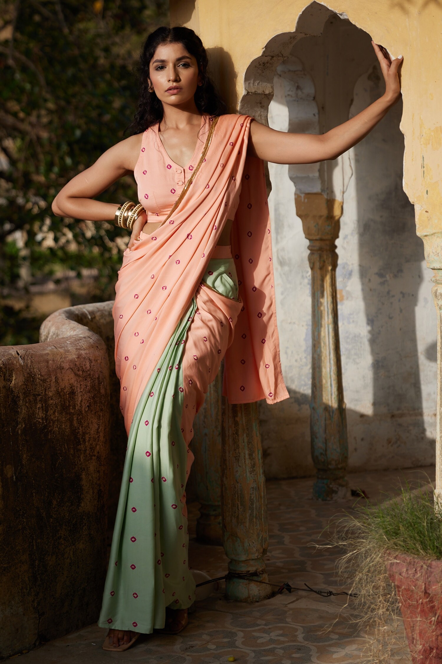 Buy Aapro Peach Modal Prague Pre-draped Saree With Blouse Online | Aza ...