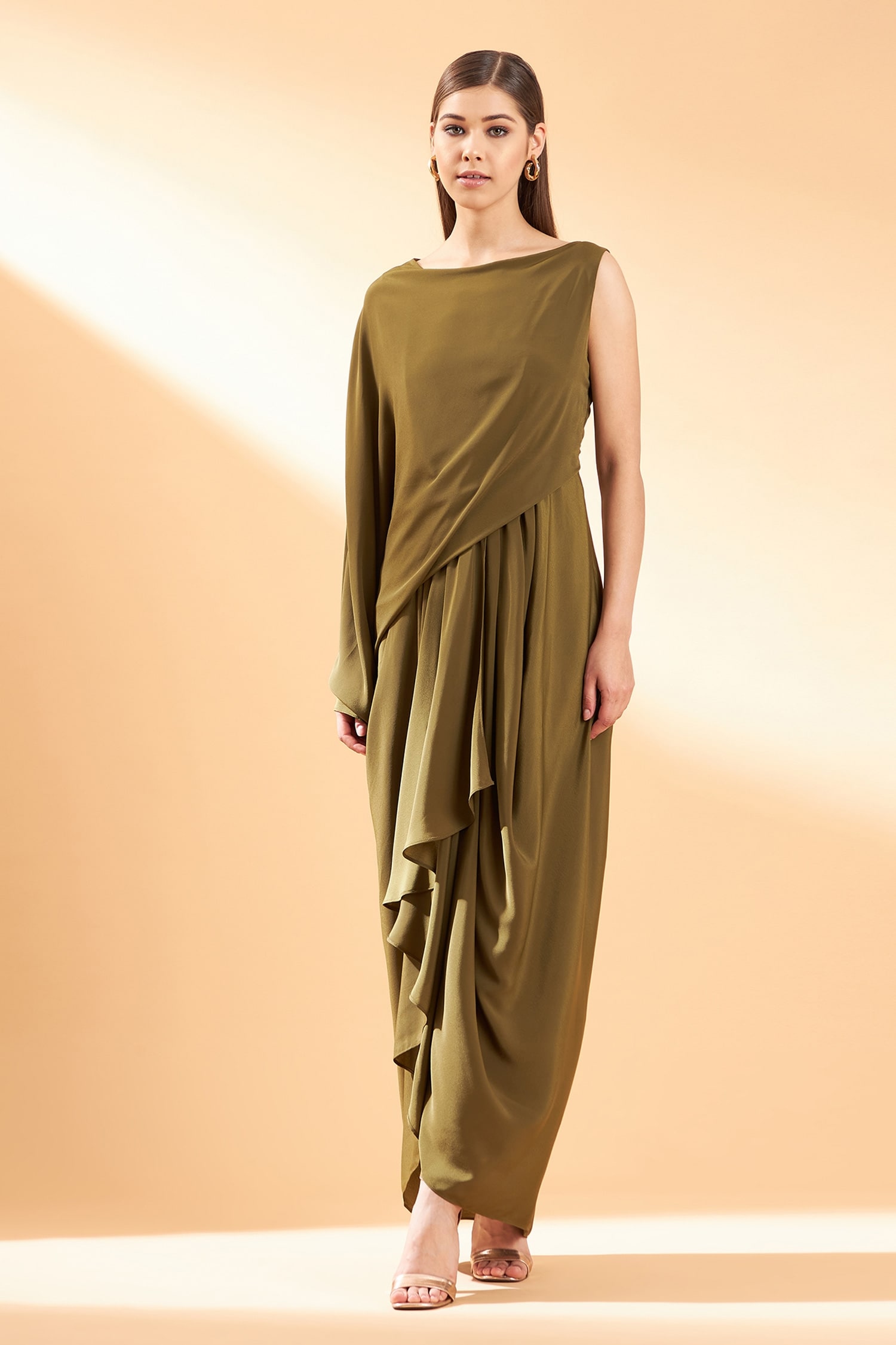 Buy Green Silk Crepe Round Draped Gown For Women by Aakaar Online at Aza Fashions.