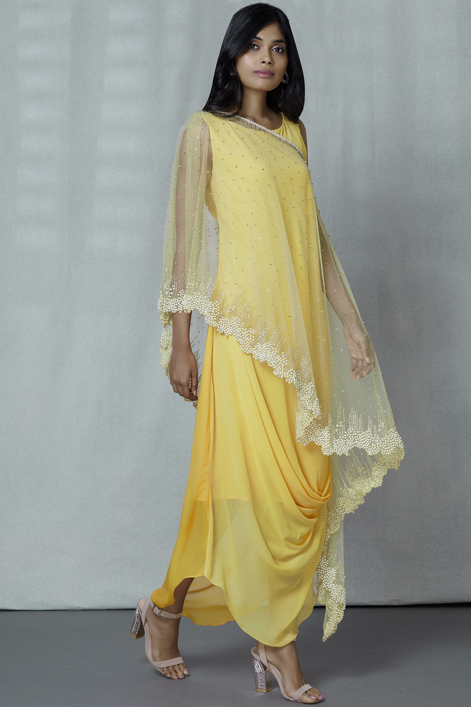 Buy Yellow Georgette Round Embellished Cape With Dress For Women by ...