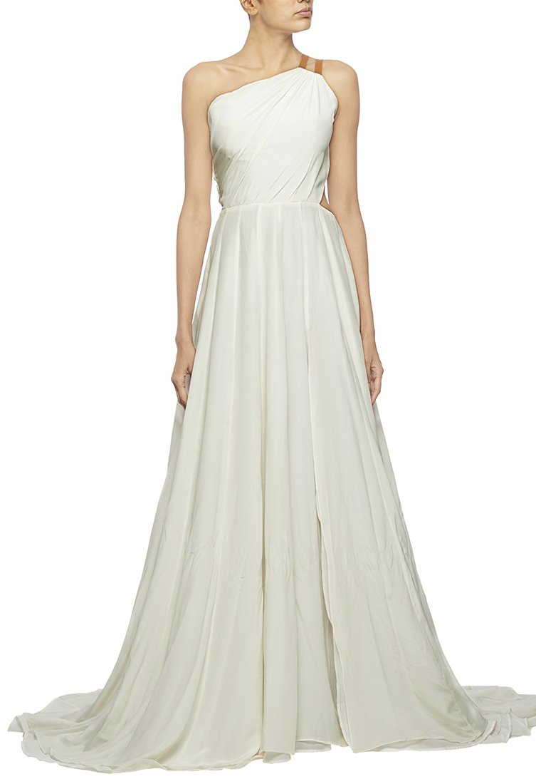 Buy White one shouldered gown with leather detailing by Nikhil Thampi ...