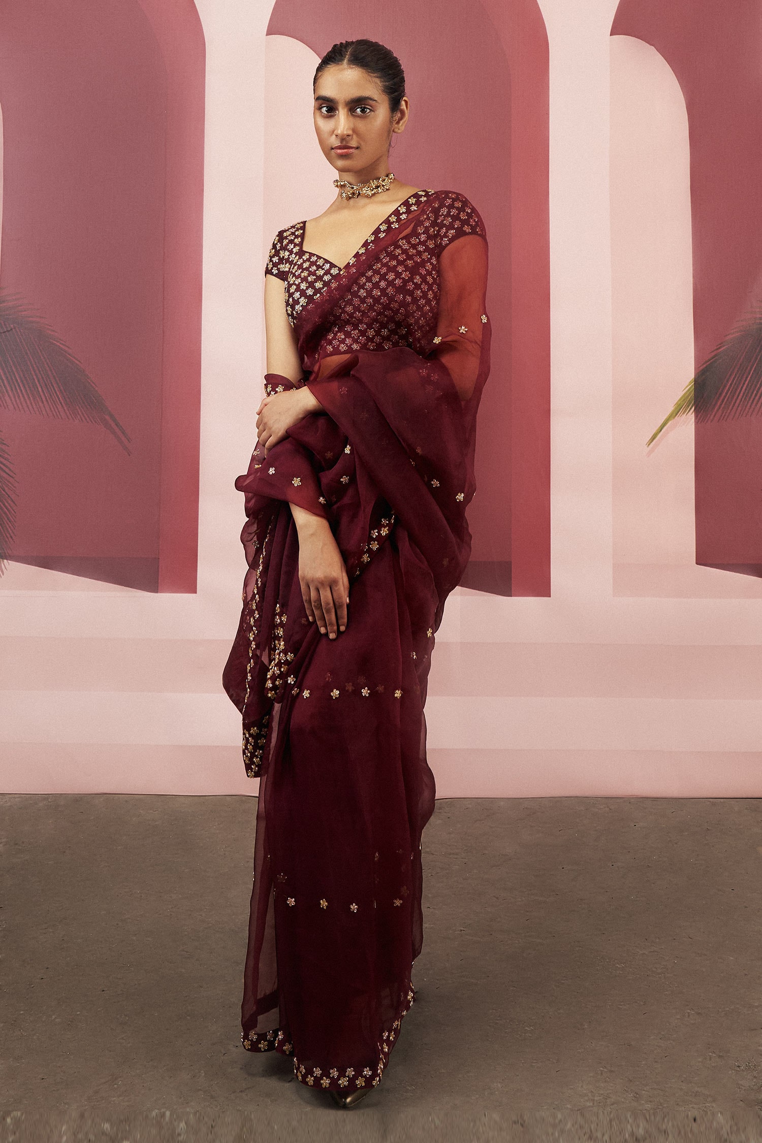 Crimson Red Organza Saree With Floral Embroidery | Singhania's